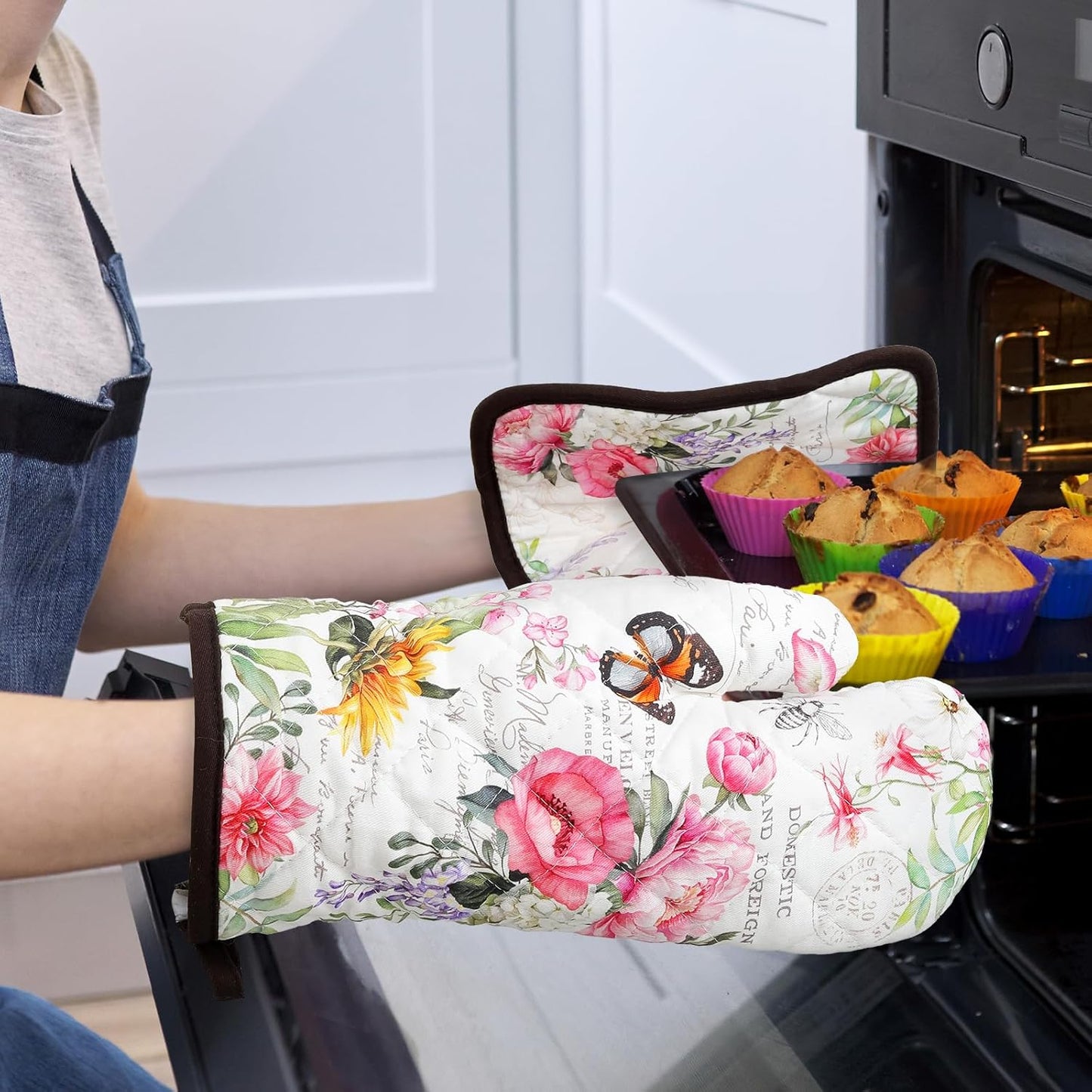 Vintage Flower Oven Mitts and Pot Holders Sets 4Pcs, 100% Cotton Heat Resistant, Extra Long Oven Gloves Potholder for Kitchen Cooking Baking Decoration