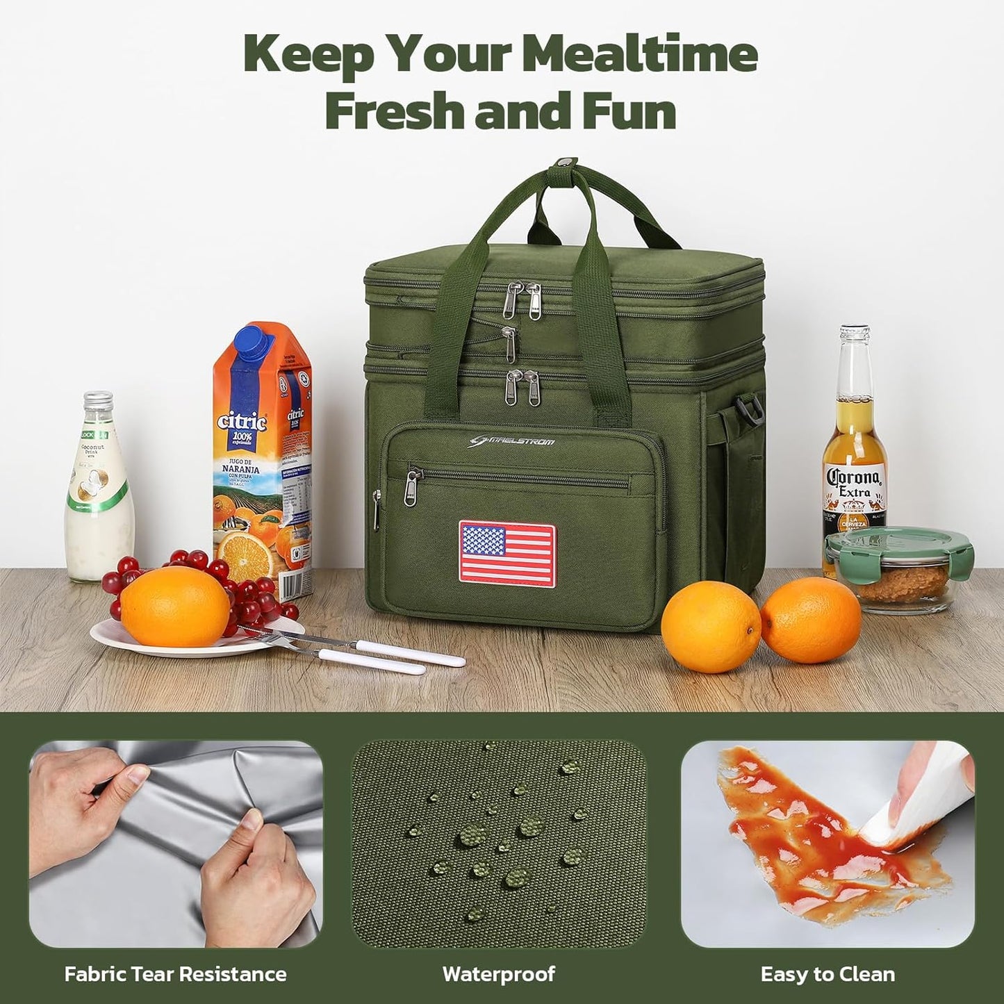 Maelstrom Tactical Lunch Box for Men, 23L Insulated Lunch Bag, Expandable Double Deck Cooler Bag, Lightweight Leakproof Tote Bag With Side Tissue Pocket, Suit For Men and Women, Army Green