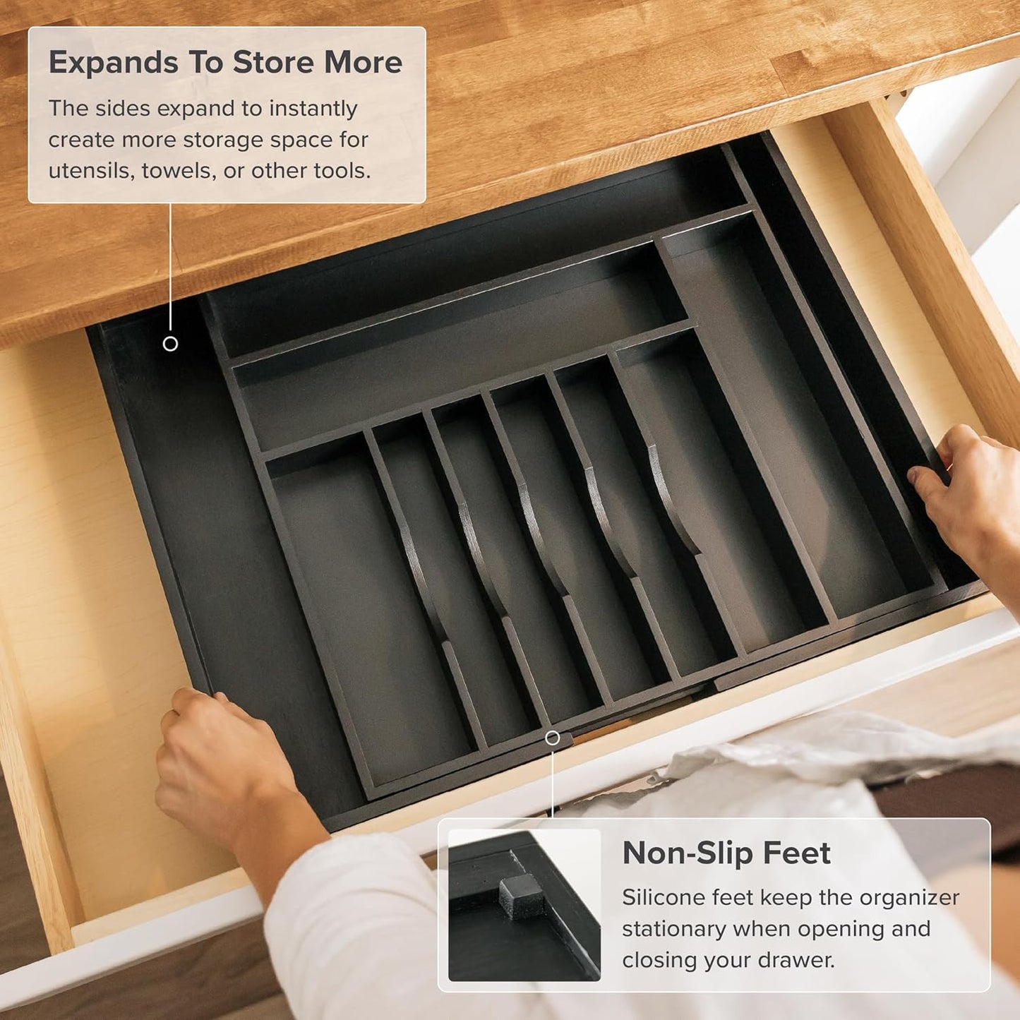 Premium Silverware, Flatware and Utensil Organizer for Kitchen Drawers, Food-Safe Contract Grade, Expandable from 18 to 33 In, Black Bamboo