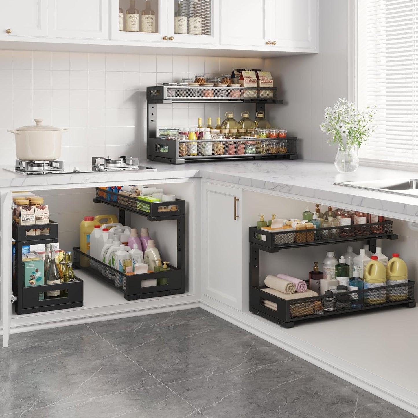 2 Pack 20.47IN Depth Under Sink Storage Organizer, Large 2-Tier Elegant Mesh Pull Out Shelf for Kitchen and Bathroom Cabinet Organization, L-Shaped and Adjustable Height Design-Black