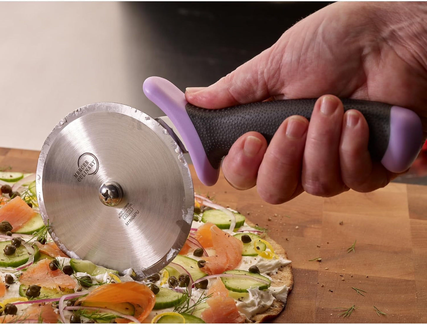 Mercer Culinary Millennia Pizza Cutter with Purple Handle, 4 Inch Wheel, Stainless Steel