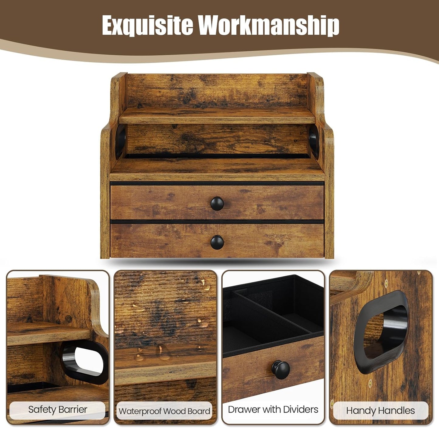 Wood Coffee Syrup Rack Organizer, 4 Tier Coffee Station Organizer with Drawers, Liquor Bottle Display Shelf for Coffee Bar Countertop