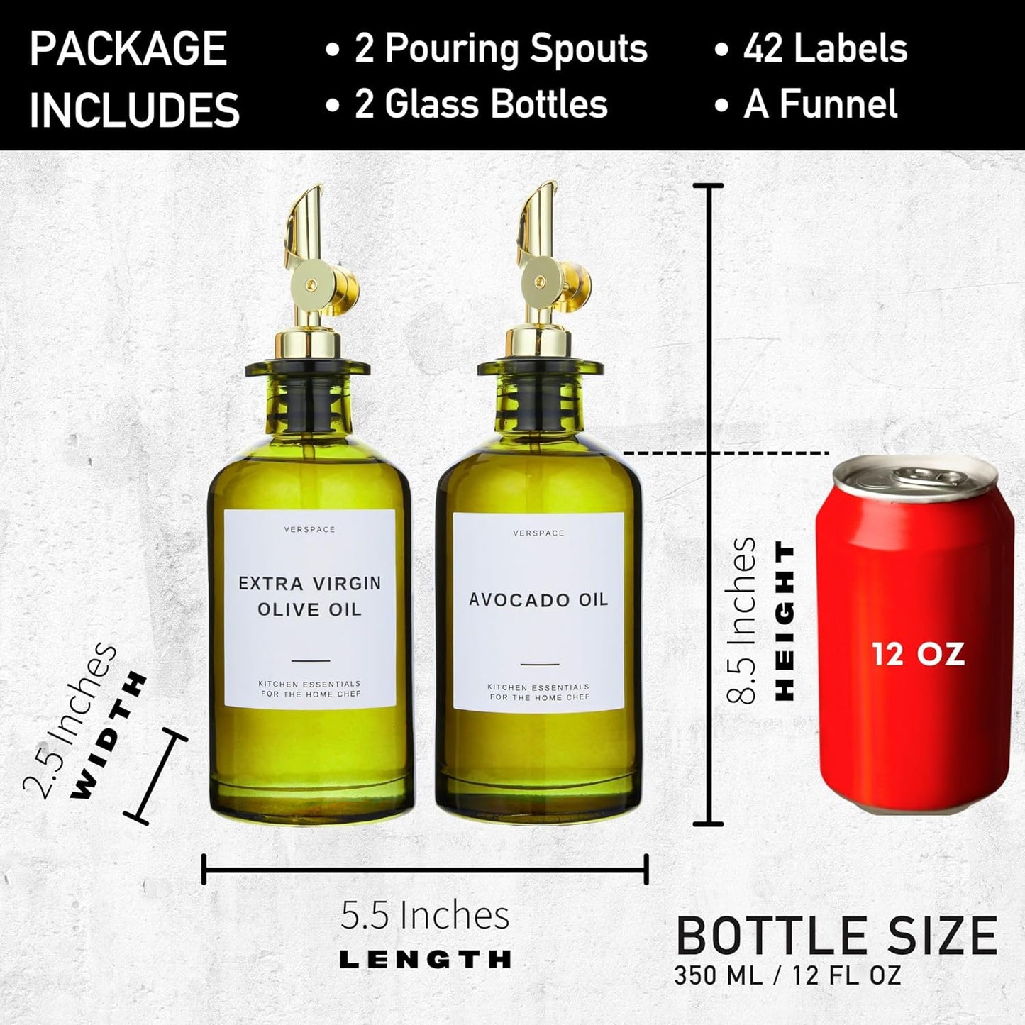 Green Glass Olive Oil Dispenser Bottle For Kitchen By Verpsace,Avocado Oil Dispenser Set, Modern Decor, Gold Kitchen Accessories for Home, Airbnb, Cafe (Gold, Set of 2)