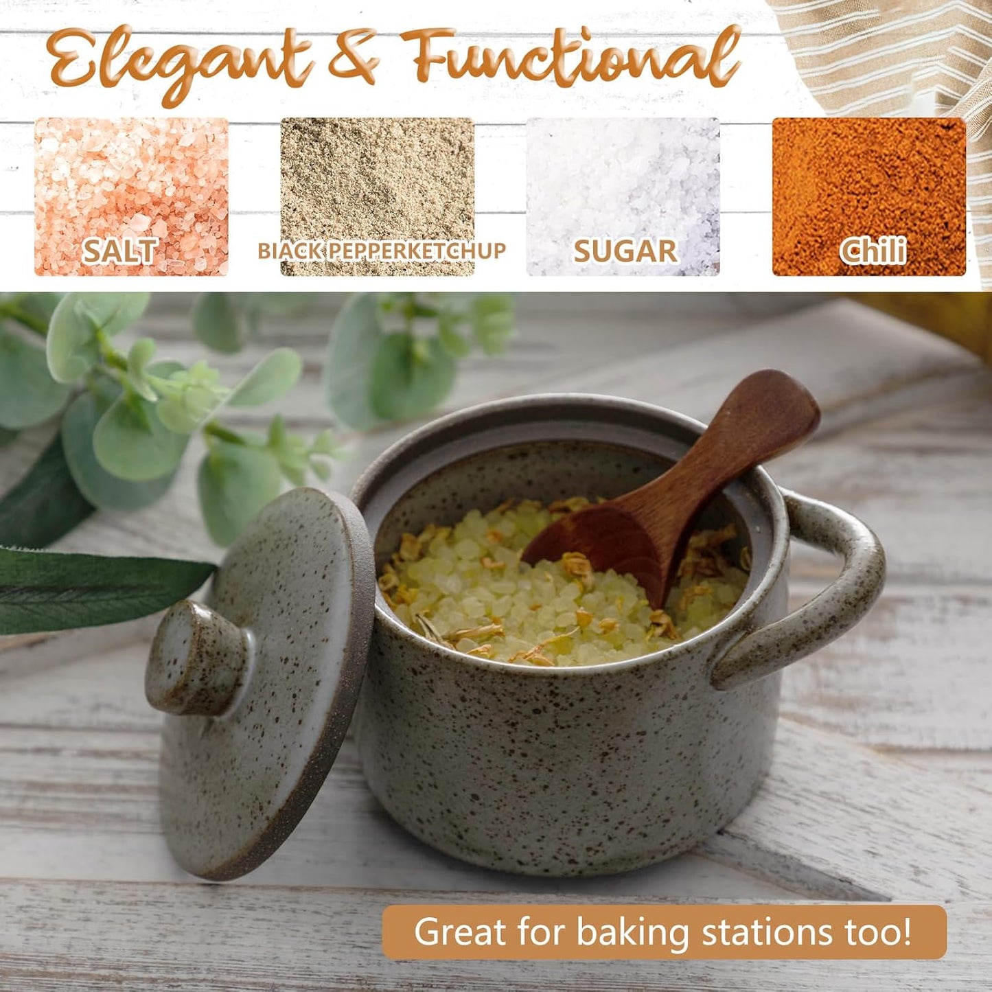 Honeydak Speckled Ceramic Salt Cellar with Lid and Wooden Spoon, Rustic Farmhouse Salt Pepper Cellar Holder for Housewarming Gift, Heavyweight Spices Jar for Kosher, Sea, Sugar