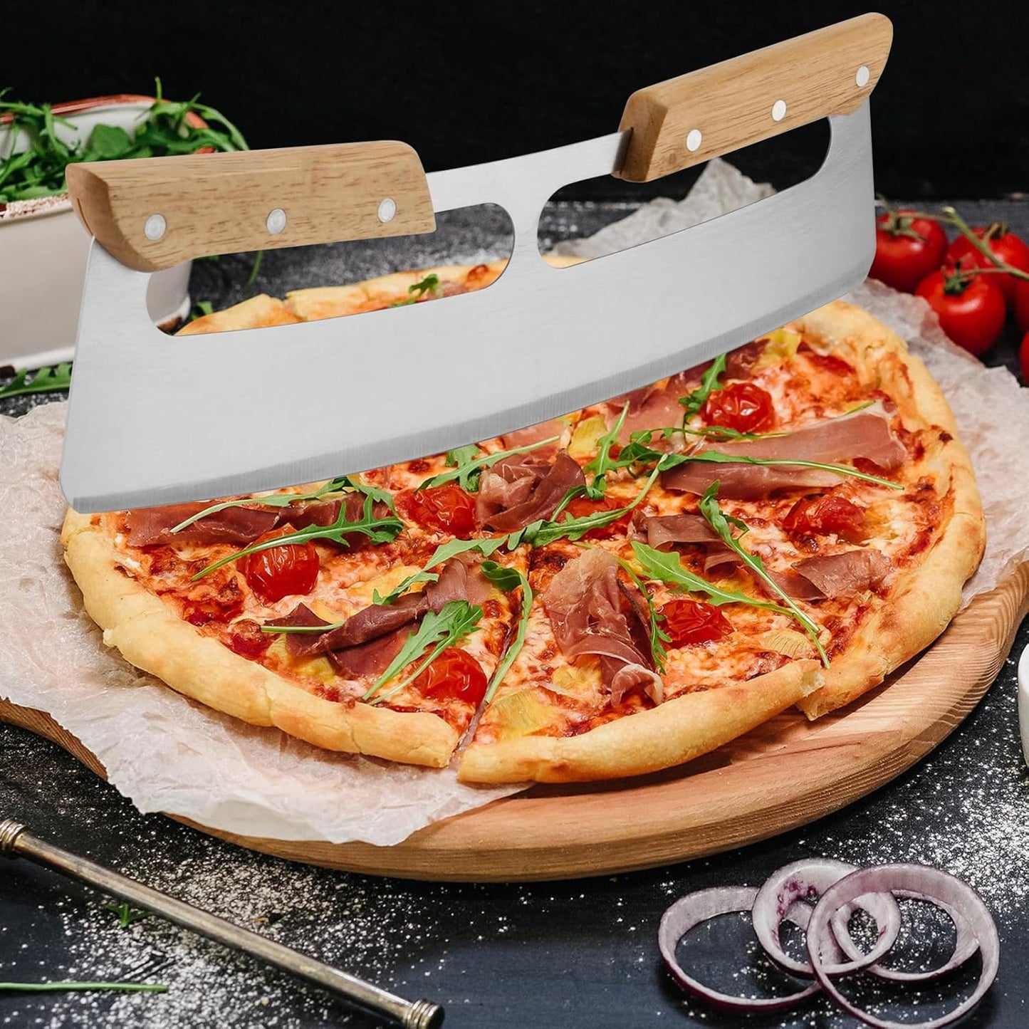 2 PCS 14 Inch Stainless Steel Pizza Cutter Rocker, Pizza Slicer Knife Wheel, Pizza Cutter Rocker with Wooden Handles and Plastic Cover, for Kitchen Party Cutter Pizza Bread