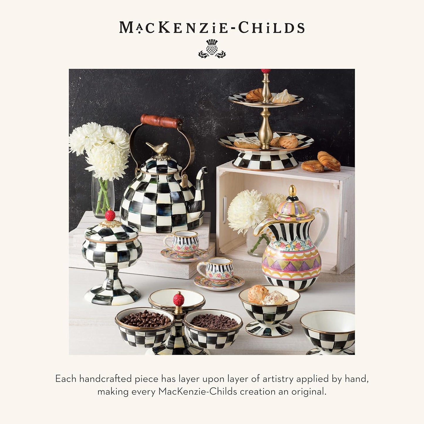 MACKENZIE-CHILDS Enamel Utensil Holder, Kitchen Utensil Holder for Countertop, Storage Caddy, Black-and-White Courtly Check