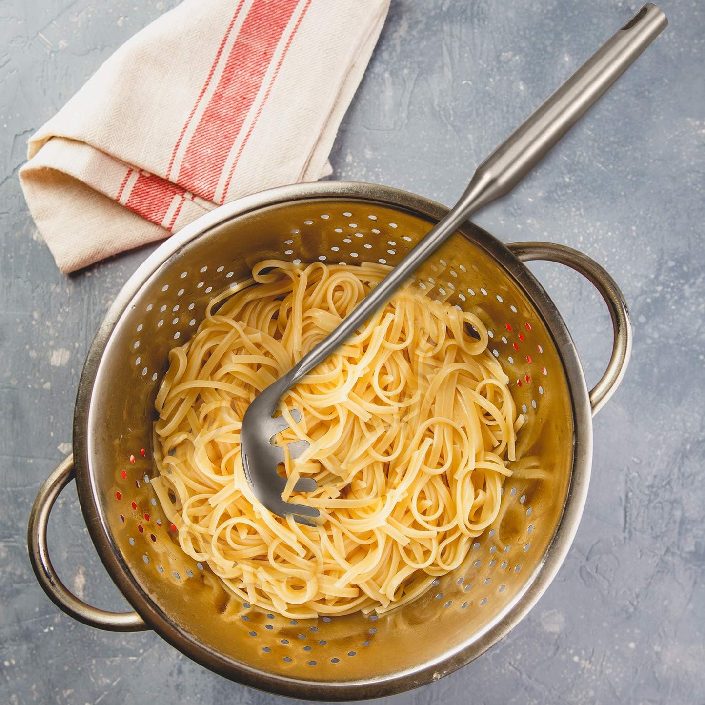 Patelai 2 Pcs Stainless Steel Pasta Spoon with Teeth Large Spaghetti Utensil, 9.4'' Tong and 13.6'' Pasta Fork with Vacuum Handle, Comfortable Grip Design Spoons for Kitchen(Sliver)