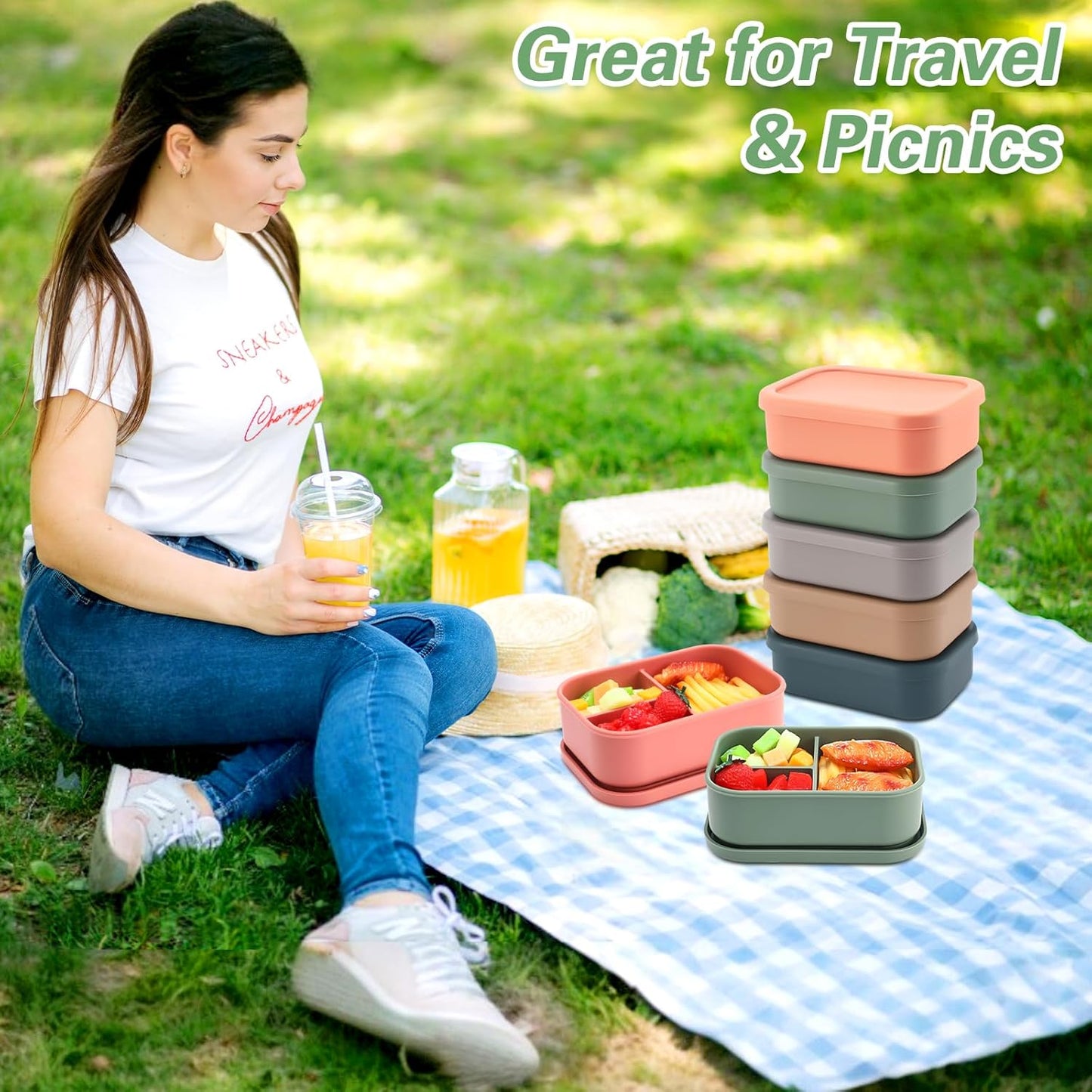 Honeydak 6 Pcs Silicone Bento Box 3 Compartment Reusable Lunch Container Smooth and Leakproof Meal Prep Lunch Box with Lid Stackable Meal Prep Container for Work Travel, 6 Colors (Classic Colors)