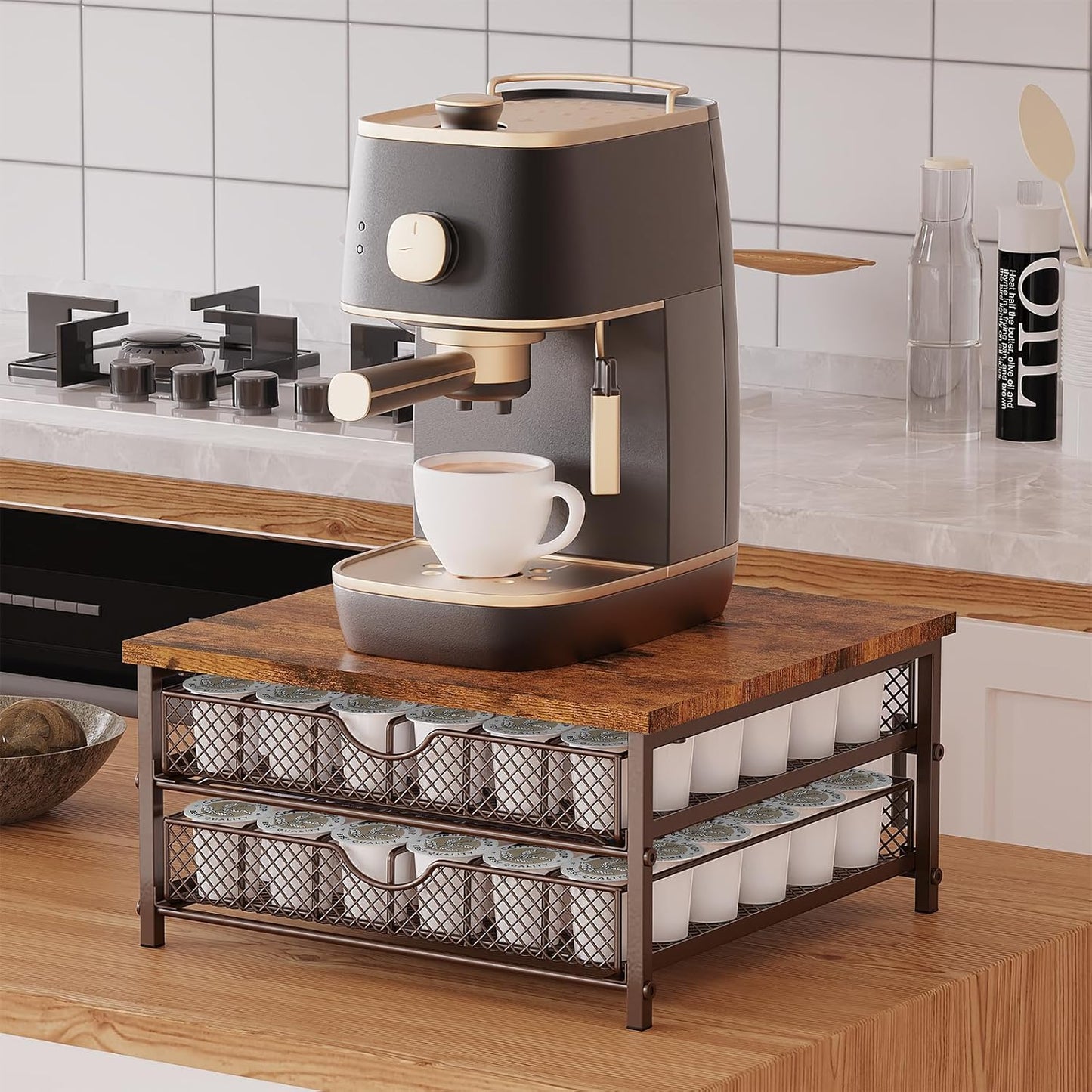 Coffee Pod Drawer K Cups Organizer 2-Tier Coffee Pod Storage Holder with Drawer Baskets 72 Capacity Coffee Capsule Storage Organizer Drawer, Industrial Brown and Bronze