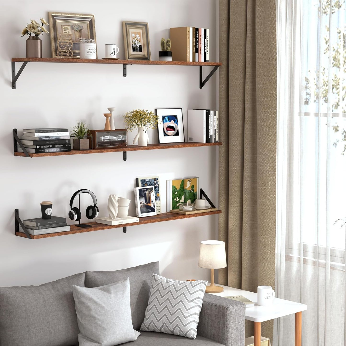 Heimlove 48 Inch Large Wall Bookshelves Set of 3, Wall Mounted Bookshelves,Heavy Duty Wooden Shelves for Living Room,Bedroom,Kitchen,Laundry Room Storage & Decor