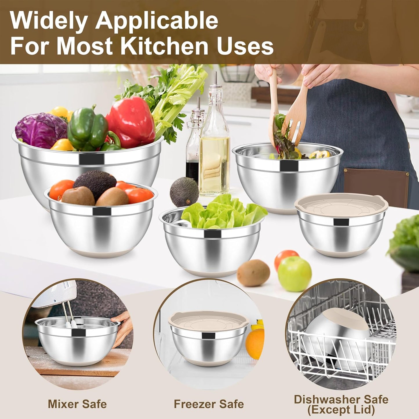 TeamFar Mixing Bowls, Stainless Steel Nesting Salad Bowl with Lids & 3 Graters, For Kitchen Cooking Serving Prepping, Airtight & Non-Slip, Size 4.6/3.5/2/1.5/1/0.7 QT, Set of 5 & Khaki