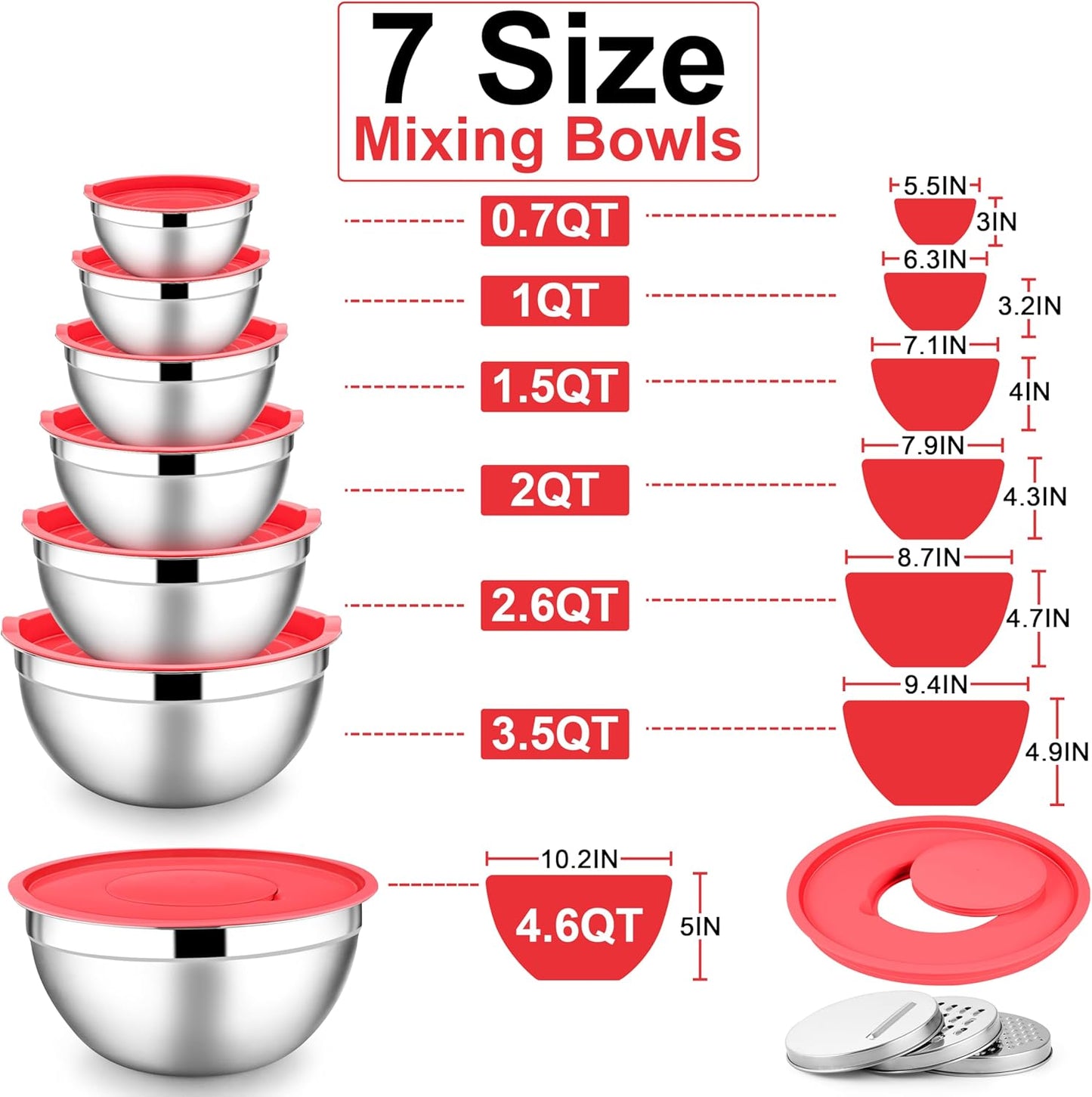 E-far Mixing Bowls with Lids Set, 7-Piece Stainless Steel Mixing Salad Bowls with 3 Grater Attachments, Size 4.6, 3.5, 2.6, 2, 1.5, 1, 0.7QT, Nesting Design & Red Airtight Lids, For Baking/Cooking