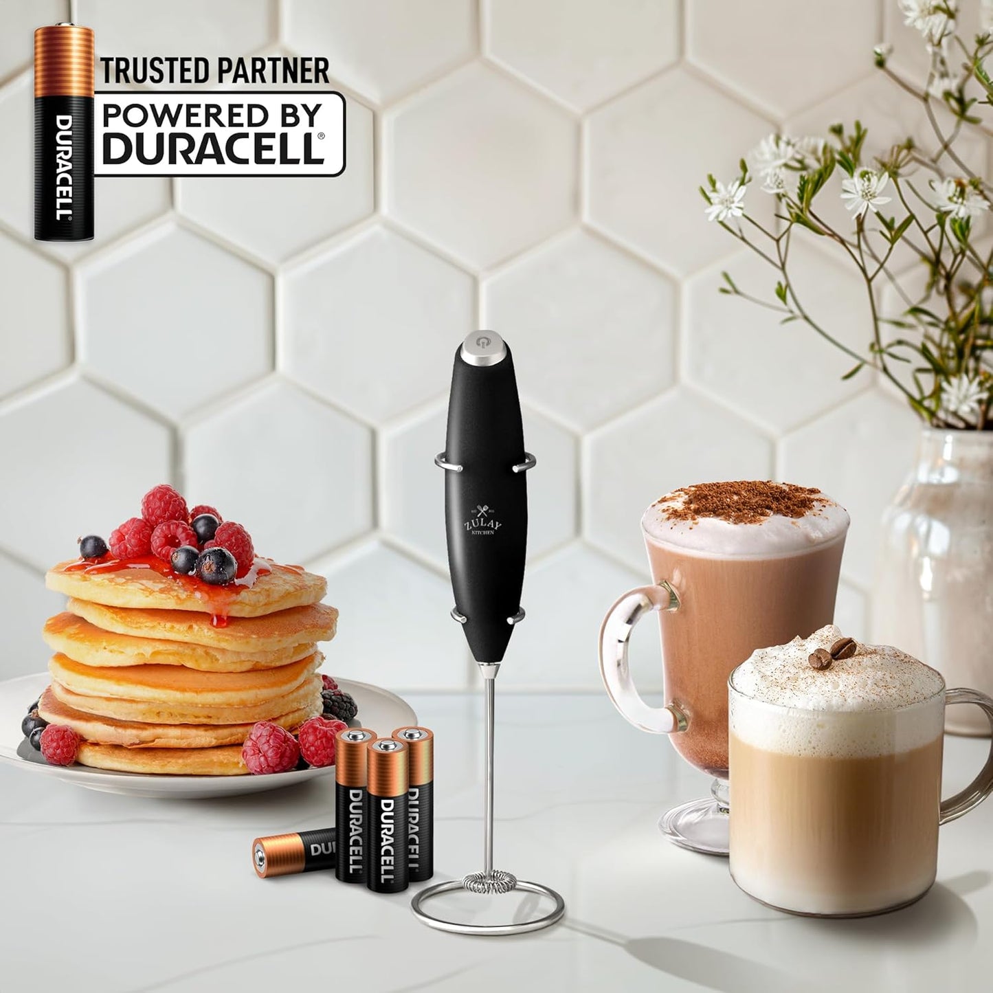 Zulay Kitchen Powerful Milk Frother Wand With 4 AA Duracell Batteries - Ultra Fast Handheld Drink Mixer - Electric Whisk Foam Maker for Coffee, Lattes, Cappuccino, Matcha & Creamer -