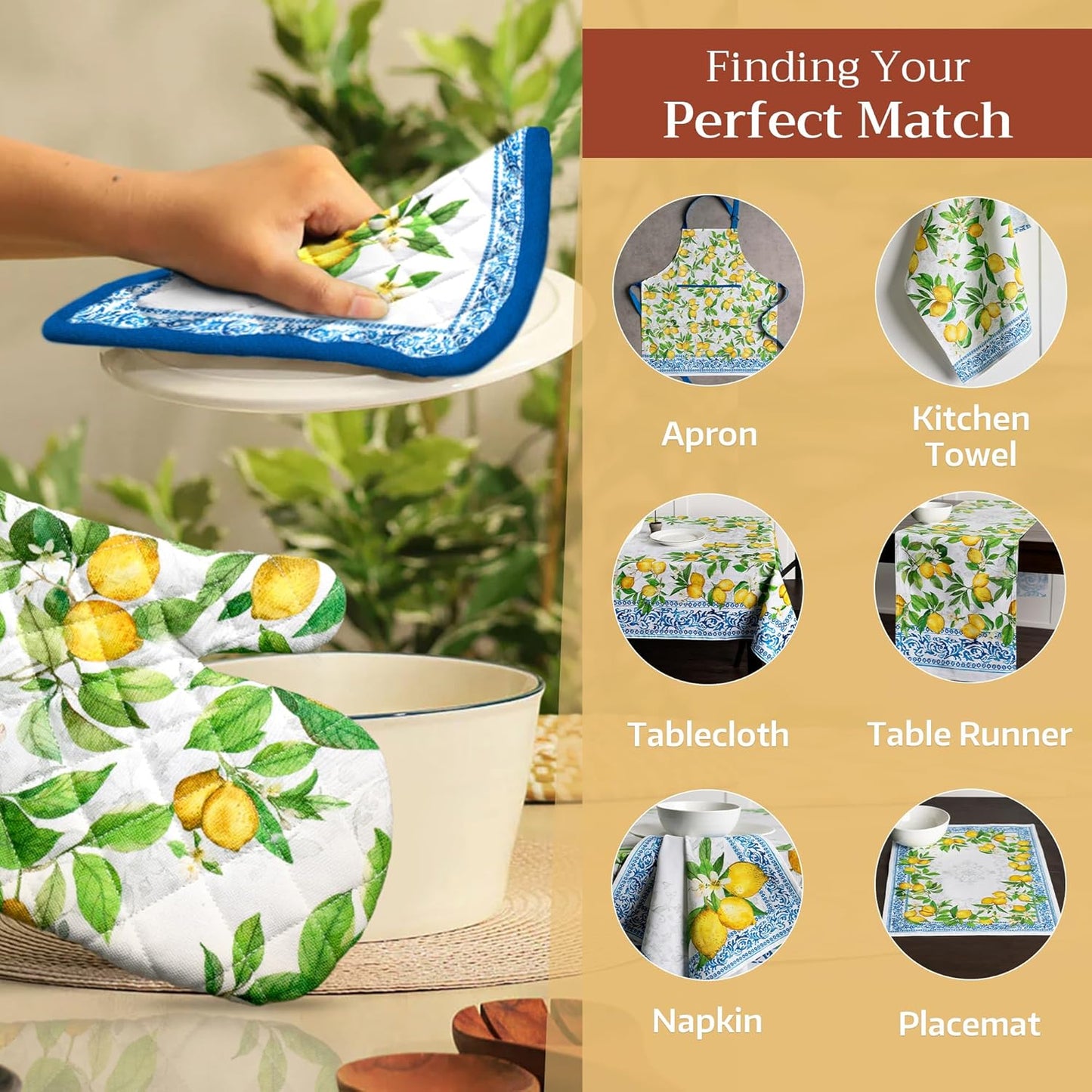 Maison d' Hermine Oven Gloves 100% Cotton Oven Mitt 7" x 13" with Loop Heat Resistant, BBQ, Cooking Gloves, Baking, Grilling, Kitchen, Handling Hot Pans Spring/Summer (Pack of 1, Cedrat)