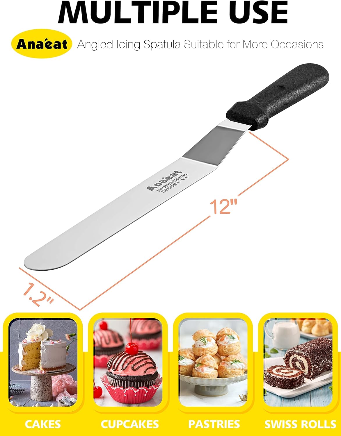 Anaeat Icing Spatula, Professional Cake Angled Offset Spatula with 12" Stainless Steel Blade - Thickened Frosting Knife with Durable Plastic Handle for Cake Decorating, Pastry & Baking