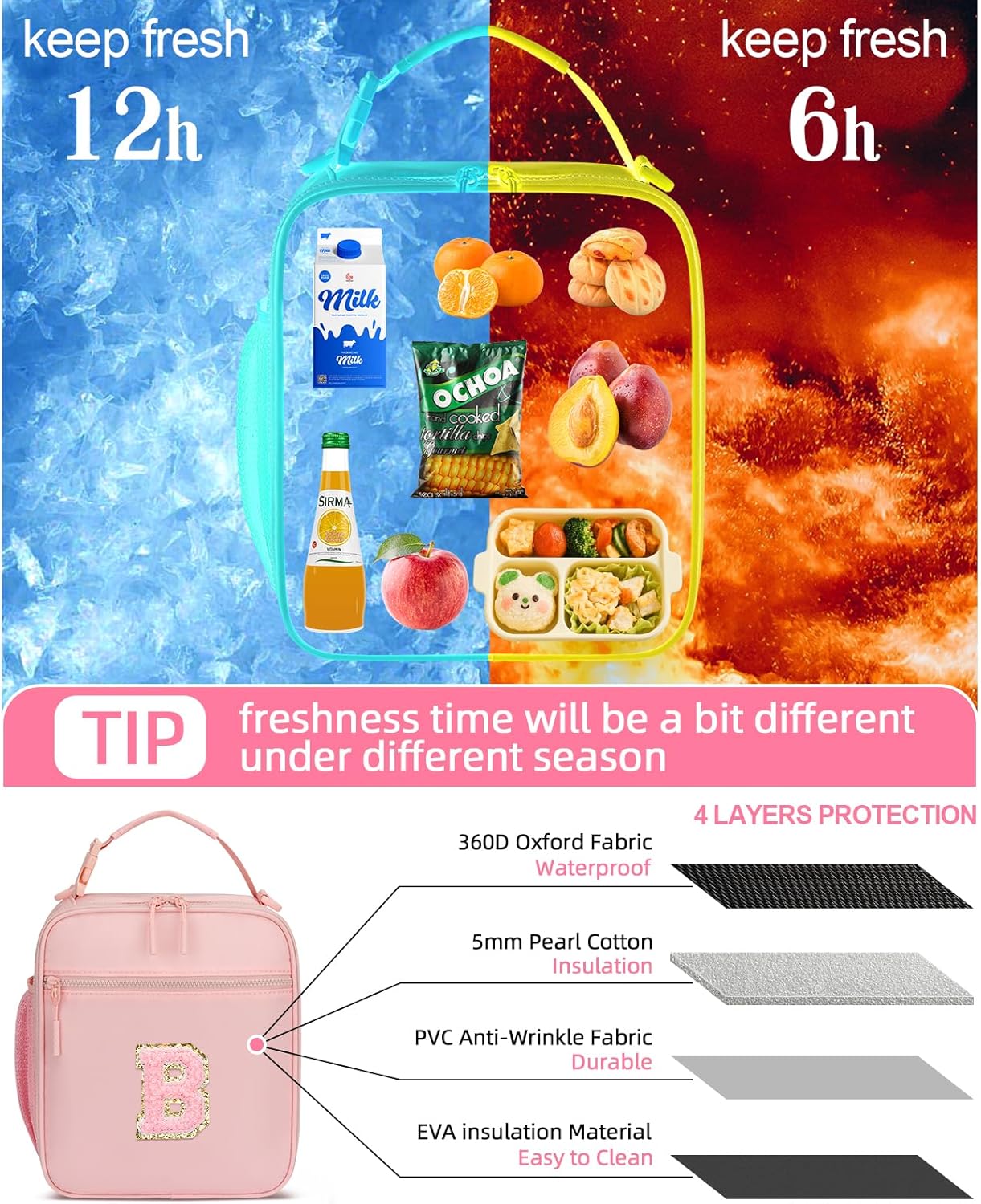 Initial Insulated Lunch Bag for Girls Kids, Back to School Gift, Reusable Leak-proof Lunch Box with Adjustable Strap for School Daycare Travel Picnic (Pink,B)
