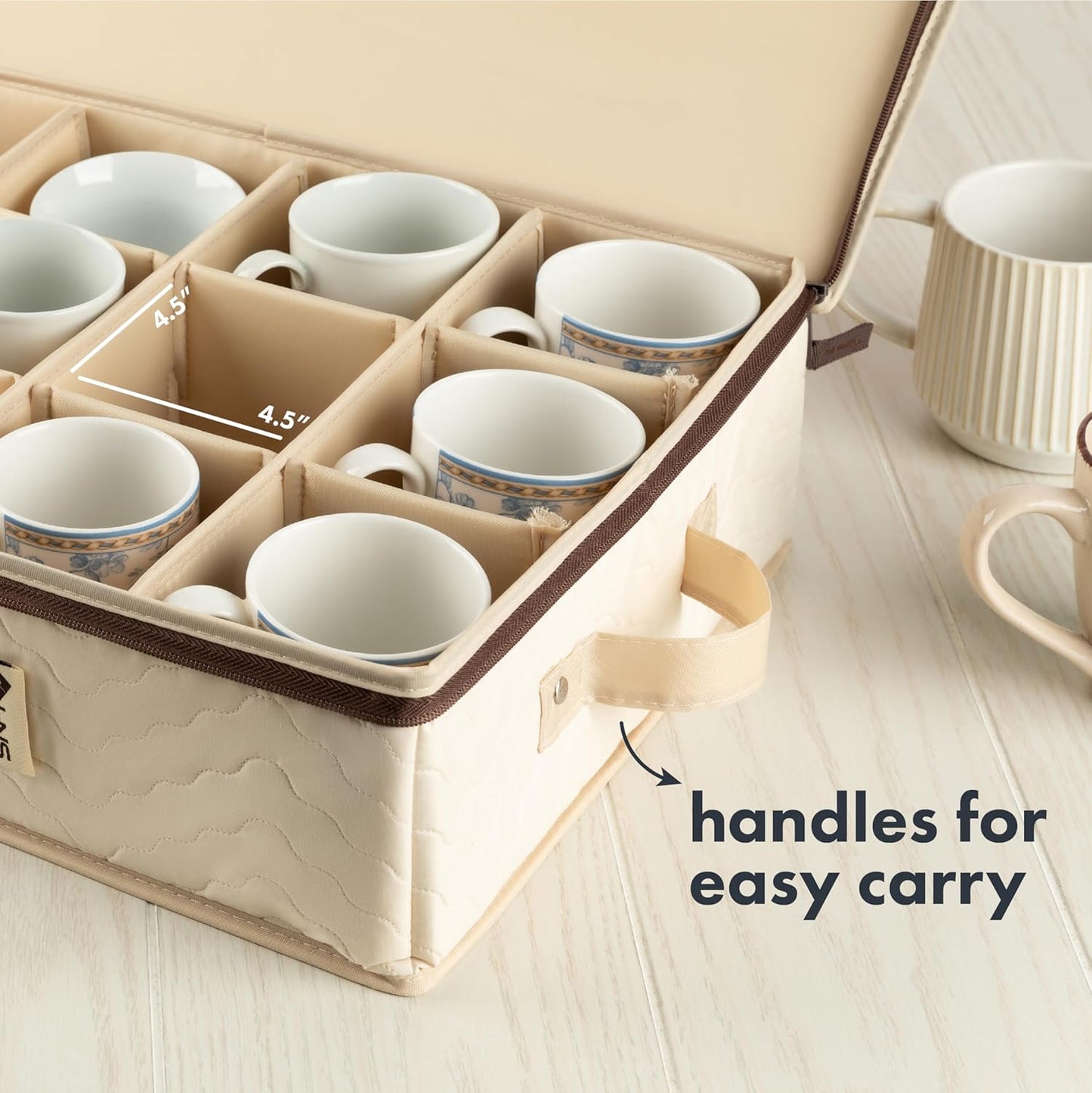 Hard Shell China Storage Containers 5-Piece Set Moving Boxes for Dinnerware, Glasses, Plates, Mugs and Saucers Sturdy Dish Organizer with Dividers for Seasonal Storage - Service for 12 - Beige Quilted