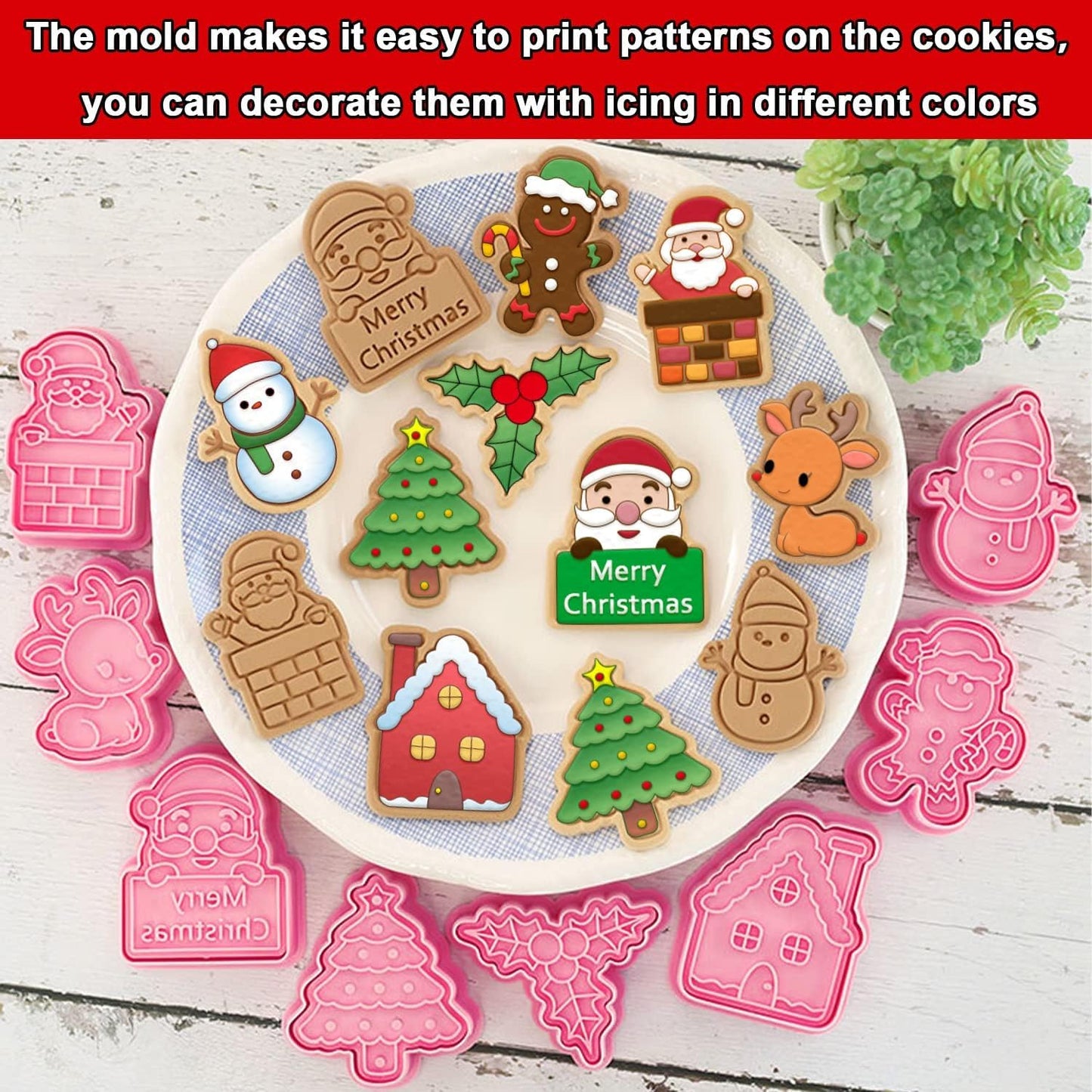 Leesgel Christmas Cookie Cutters, 3D Christmas Holiday Cookie Cutters Shapes with Santa/Xmas Tree/House/Deer, Christmas Party Decorations Ornaments