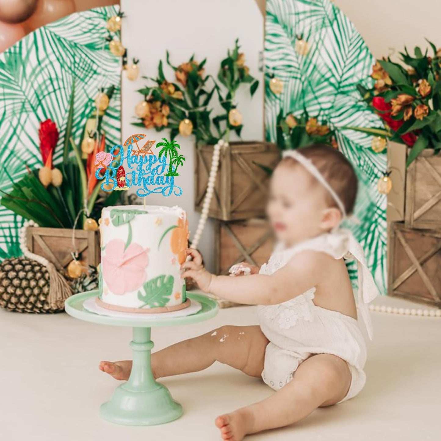 Gyufise 1Pcs Summer Beach Happy Birthday Cake Topper Glitter Ball Tree Umbrella Pool Cake Pick for Hawaiian Holiday Baby Shower Birthday Party Cake Decorations Supplies Blue