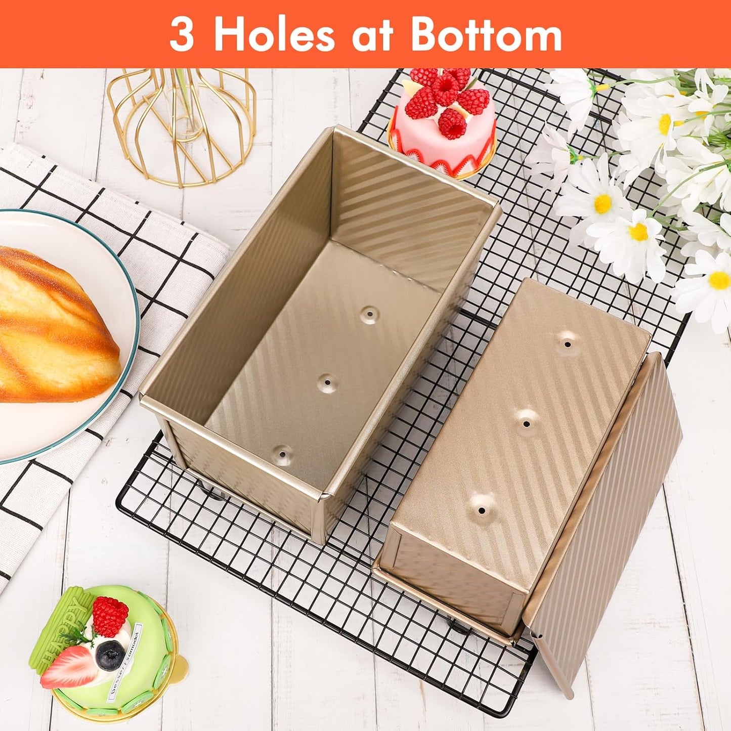 Beasea Pullman Loaf Pan with Lid, 2 Pack Non-Stick Bread Loaf Pans 1 lb & 0.5 lb Carbon Steel Bread Toast Box with Dough Scraper for Homemade Bread Toast Oven Baking - Gold