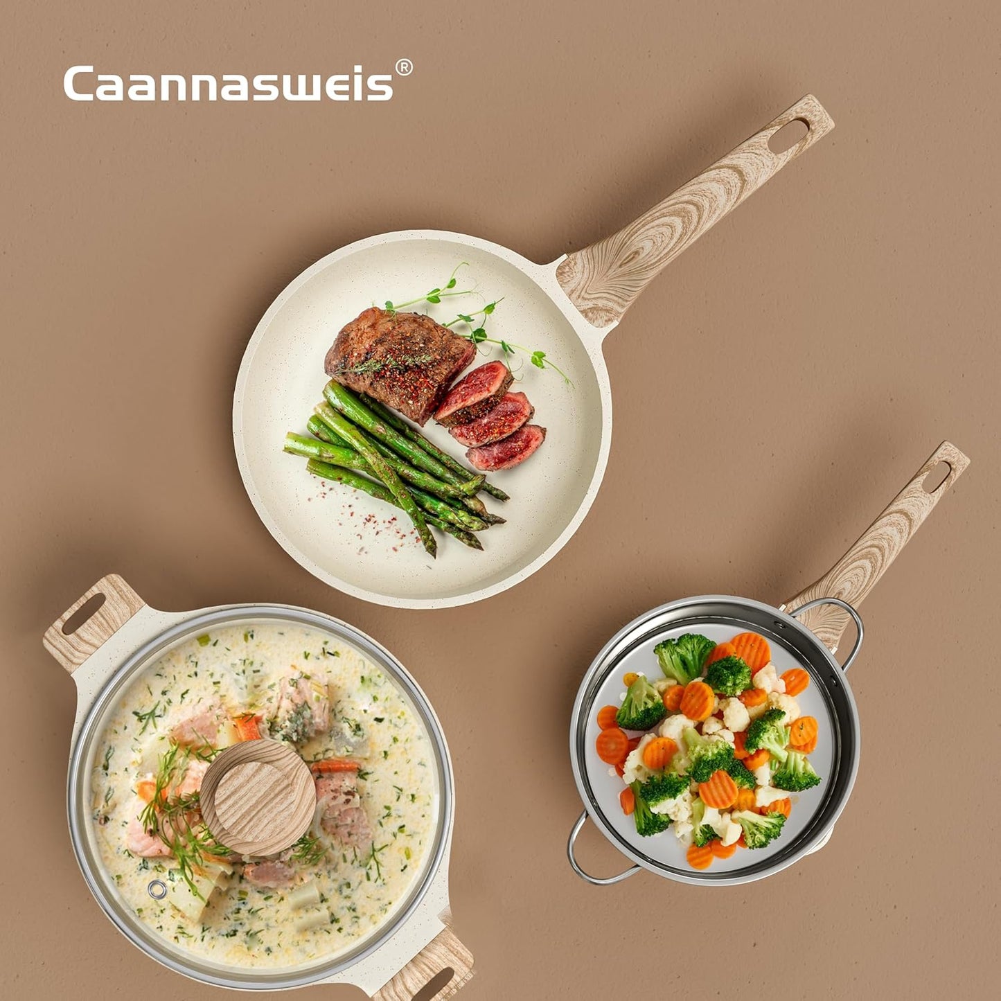 Caannasweis 20Pcs Cookware Sets, Nonstick Pots and Pans Set, Granite Induction Cookware, Non Stick Kitchen Cooking Set,Cream White 21 Piece Egg Pan Set, PFOS PFOA Free