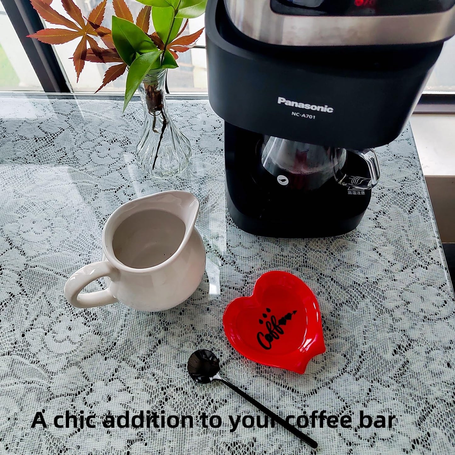 Heart-shaped Coffee Spoon Rest, Mini Coffee Spoon Holder, Small Ceramic Spoon Rest for Coffee Stirrers, Teaspoon, Bar Spoon, Coffee Bar Accessories, Coffee Station (Red+black spoon)