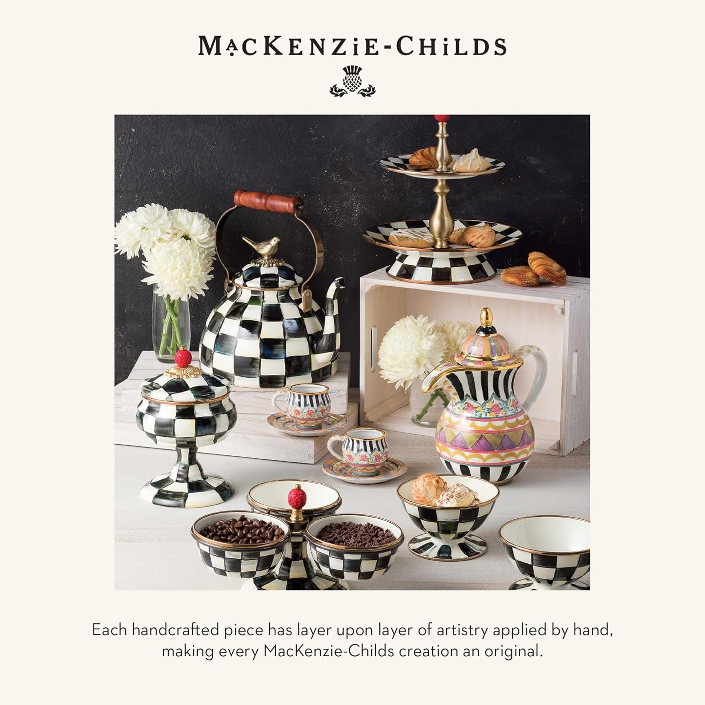 MACKENZIE-CHILDS Enamel Everyday Bowl, Serving Bowl for Entertaining, Extra-Small, Black-and-White Courtly Check, Set of 4