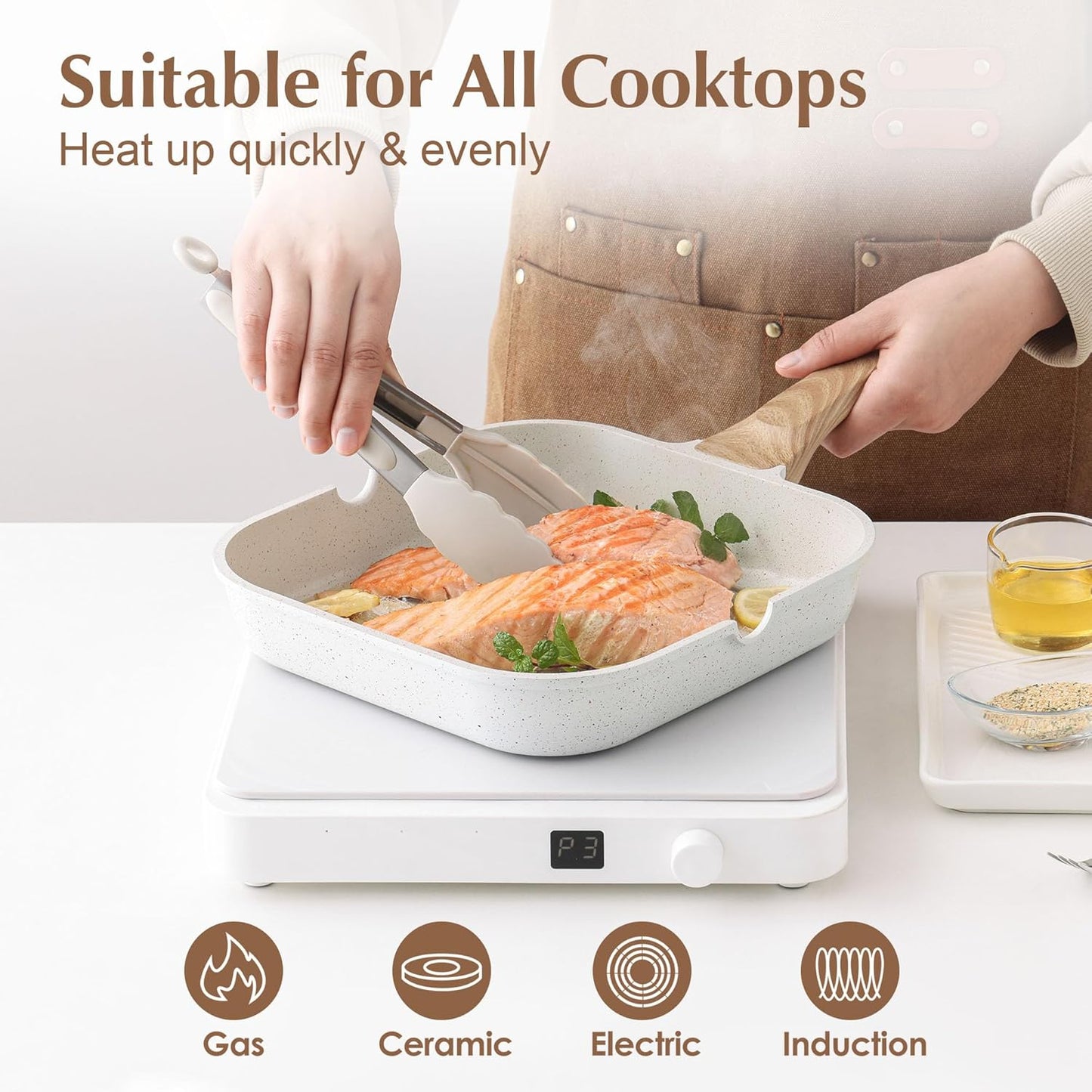 SENSARTE Nonstick Ceramic Grill Pan for Stove Tops, Versatile Square Grilling Pan with Pour Spouts, Durable Grill Skillet for All Stoves, Steak Bacon Pan, Non Toxic-PTFE,PFAS,PFOA Free, 11 Inch