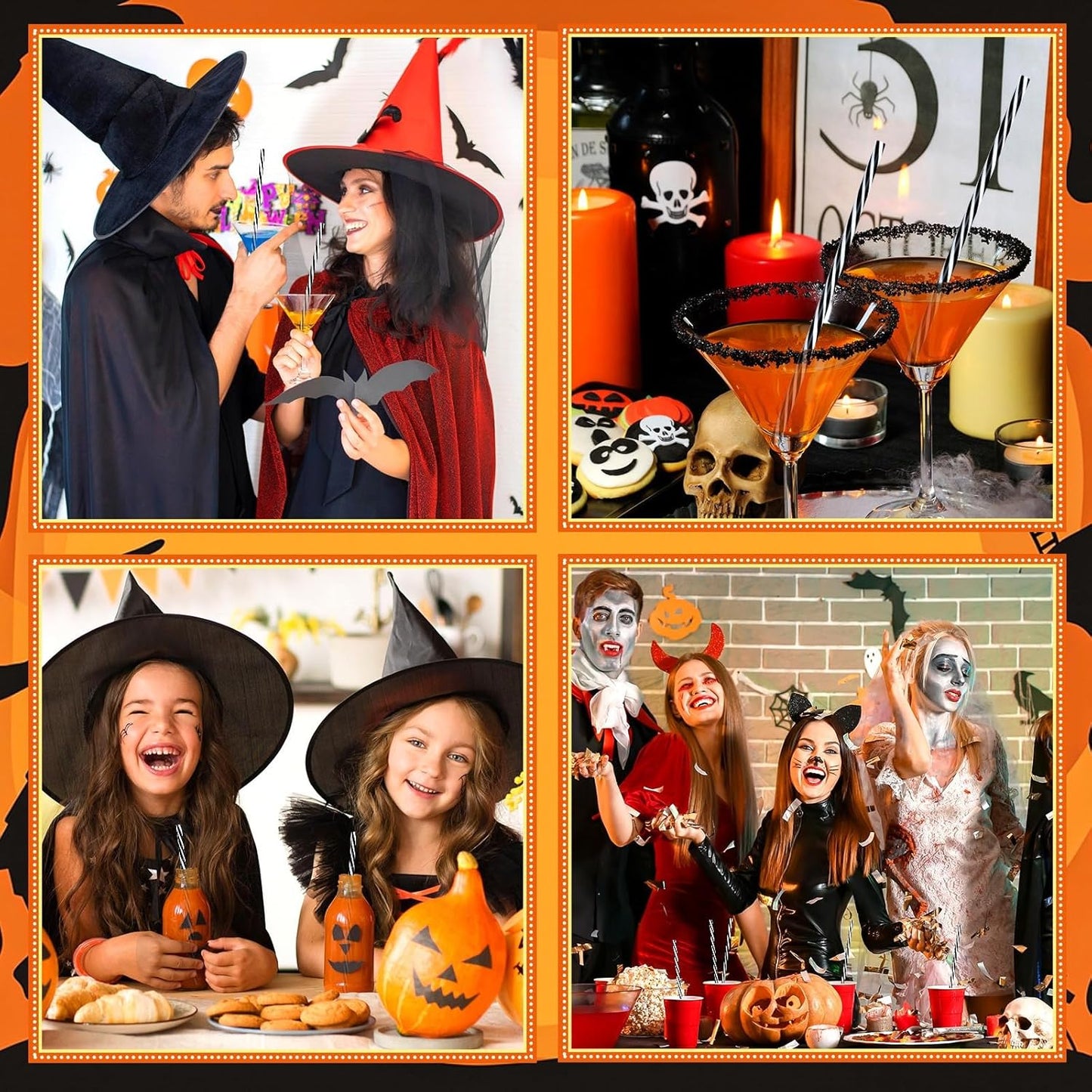 JANYUN 30 Pcs Halloween Straws Plastic, Reusable Black and White Striped 9 Inch Hard Plastic Drinking Straws with Cleaning Brush for Christmas Halloween Birthday Party Supplies Table Decorations