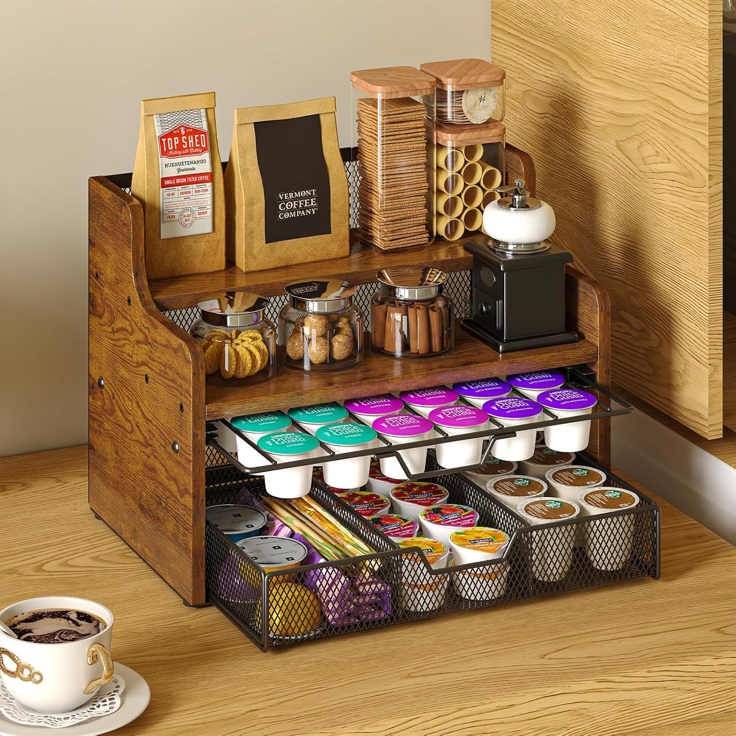 Coffee Pod Holder with Drawer & Dividers, 4-Tier Wood K Cup Organizer for Countertop, Coffee Bar Organizer Storage Box, Coffee Station Organizer for Kitchen Coffee Station