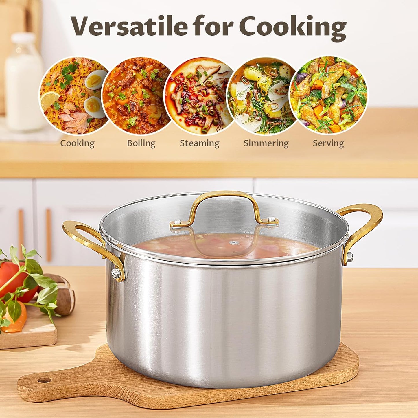 BEZIA 10 Quart Tri-Ply Stainless Steel Stock Pot, Nonstick Stockpot with Sturdy & Double Handle, Even Heating, Induction Cooking Pot for All Stoves, Large Soup Pot for Catering๏ผGroups, Events, Silver