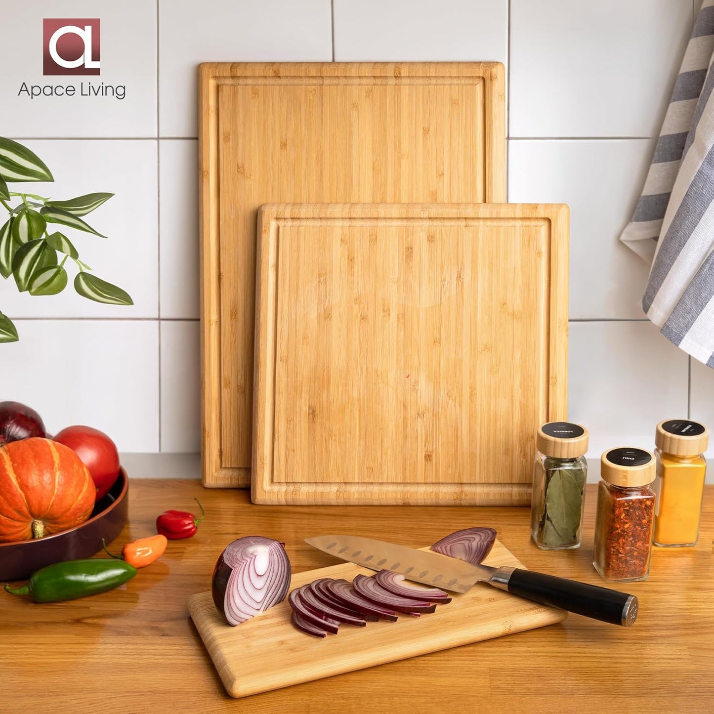 Chorus Bamboo Cutting Board Set with Juice Groove (Set of 3) - Luxury Organic Wood Chopping Board for Kitchen, Wooden Cutting Board for Meat (Butcher Block), Vegetables, Cheese