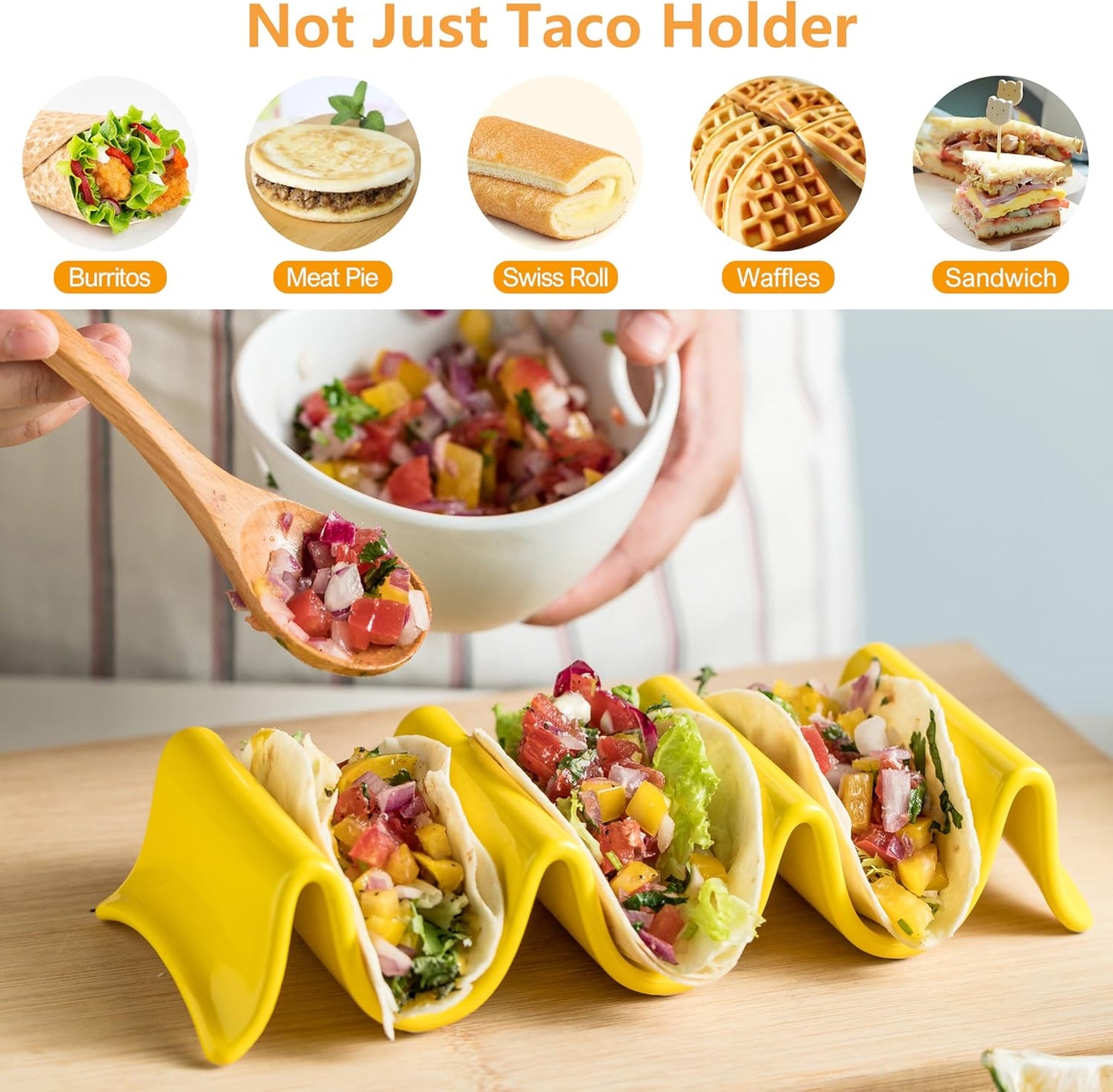 Large Taco Holder Stand, Porcelain Taco Tray with Handles Set of 2 - Perfect for Burritos and Tortillas Holder, Soft or Hard Taco Shell Holder, Keeping Shells Upright - Oven and Grill Safe, Yellow