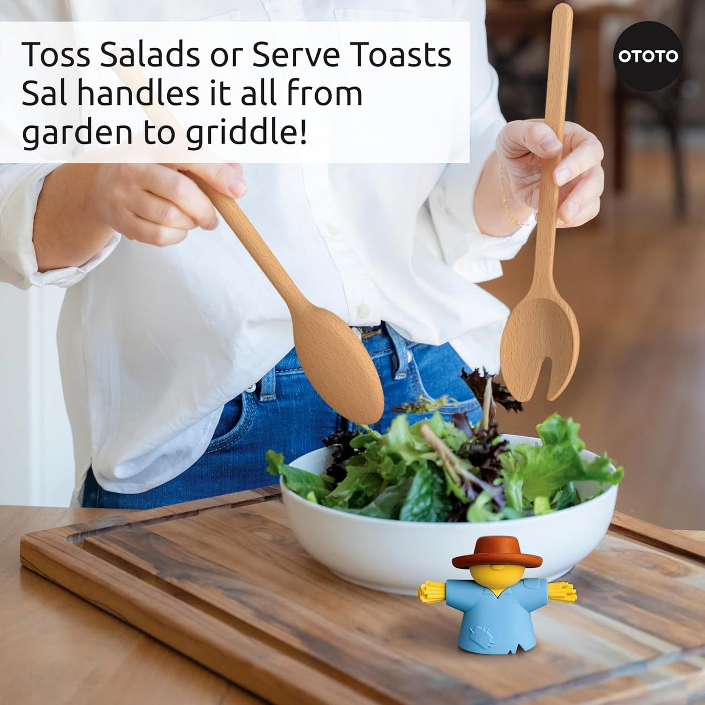 NEW - OTOTO Sal Scarecrow Salad Tongs (2-Piece) - Wooden Tongs Set, Food Safe Toaster Tongs for Serving, Cute Kitchen Tongs, Cool Kitchen Gadgets Accessories, Funny Gifts, Mini Tongs (Blue)