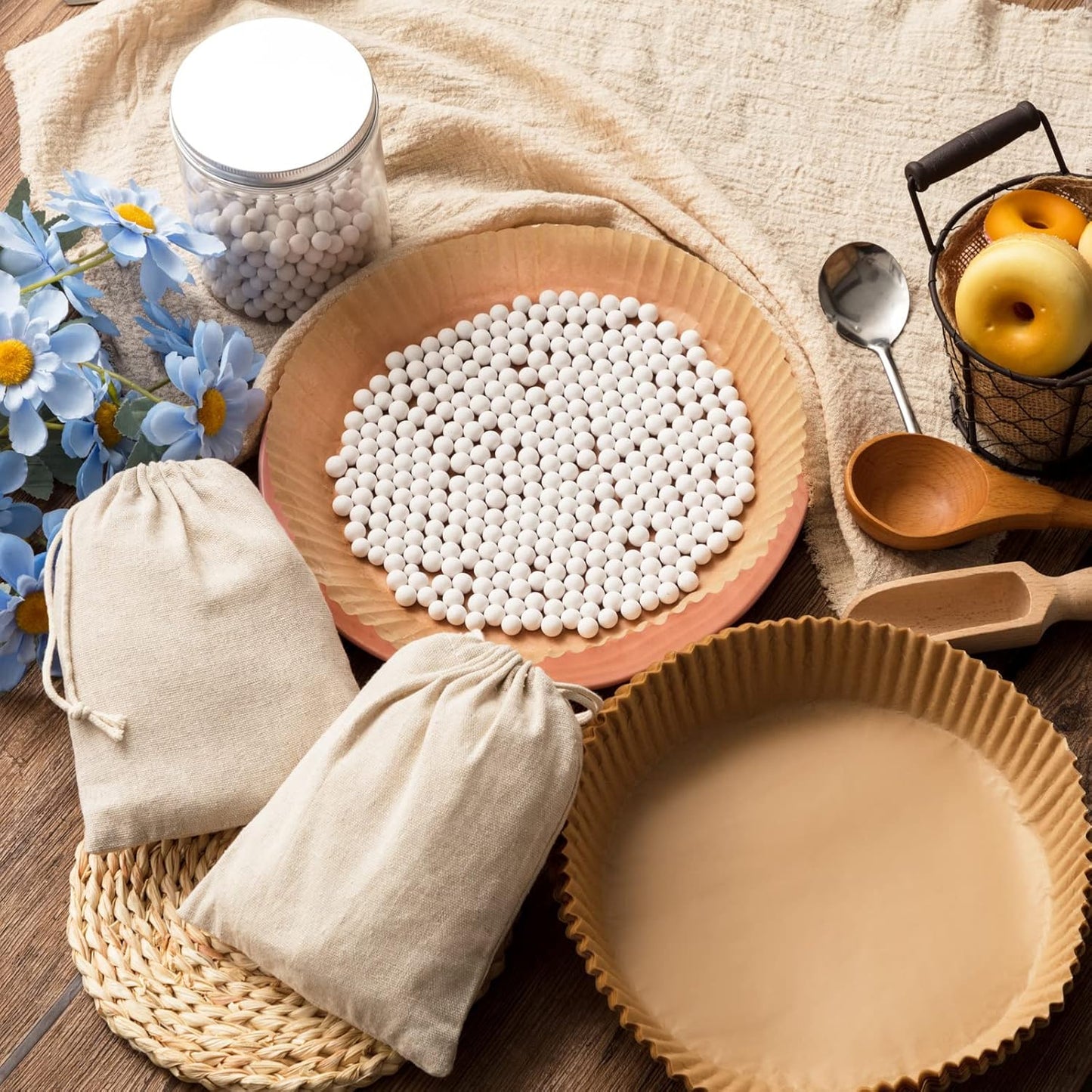 2 Pack White 2 lb Pie Weights for Baking Crust Ceramic Weights Blind Baking Beads with 50 Pcs Disposable Parchment Paper Pie Liner Fit 8,9,10 Inch Dish