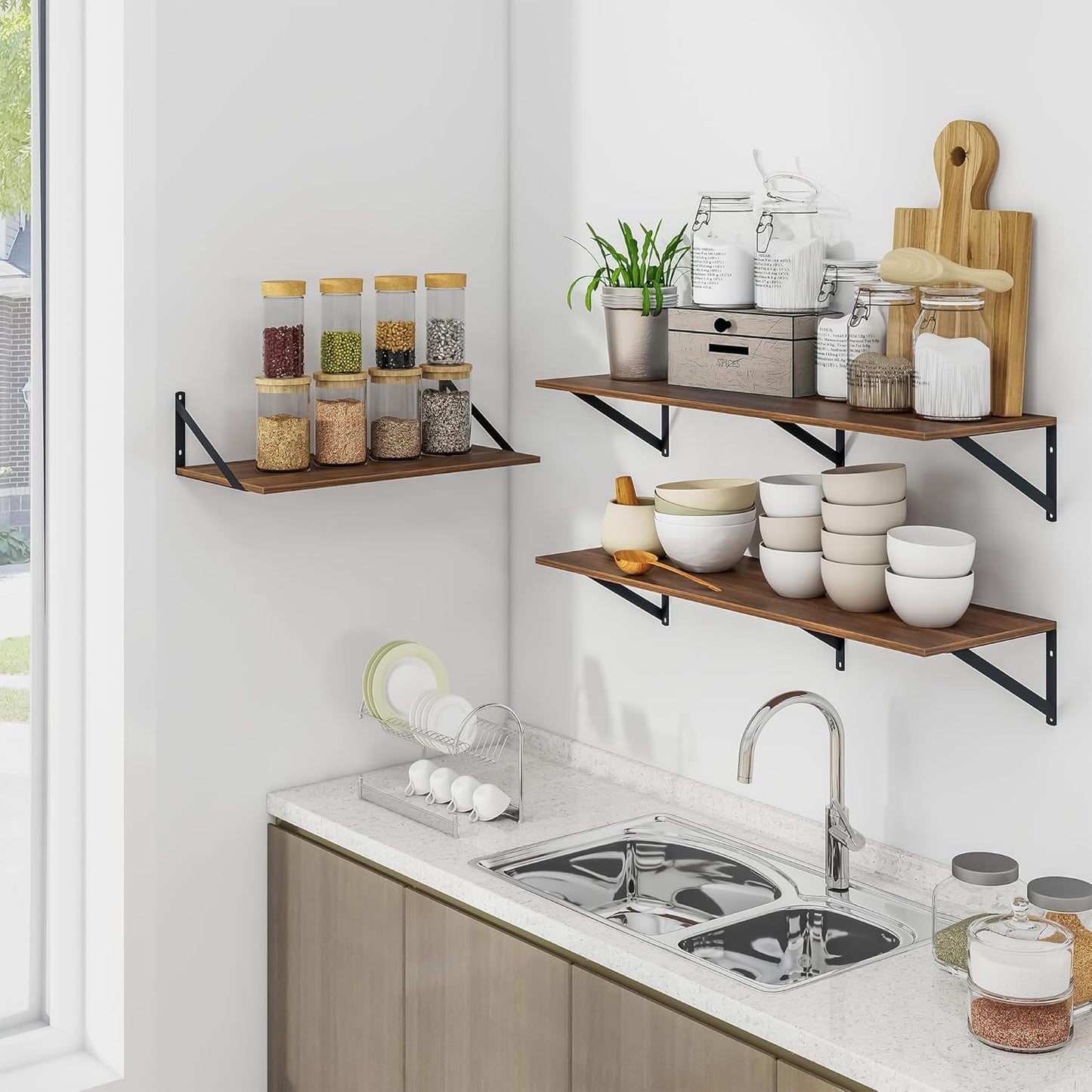 Heimlove 12 Inch Deep Floating Shelves for Wall, 36W x 12D Wood Wall Shelves Set of 2, Walnut Wide Floating Bookshelf for Living Room, Kitchen, Office, Bedroom, with Black Metal Bracke - Walnut