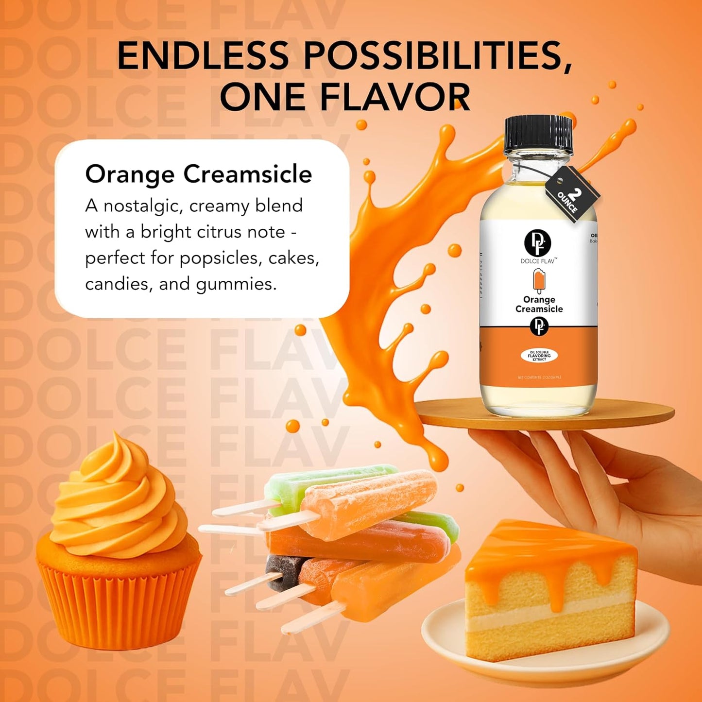 Dolce Flav Orange Creamsicle Extract - 2 Ounce Oil-Soluble Multipurpose Flavoring Ideal for Candy Making, Baking, Lip Balm, and Ice Cream - Perfect Kitchen Gift for Holidays