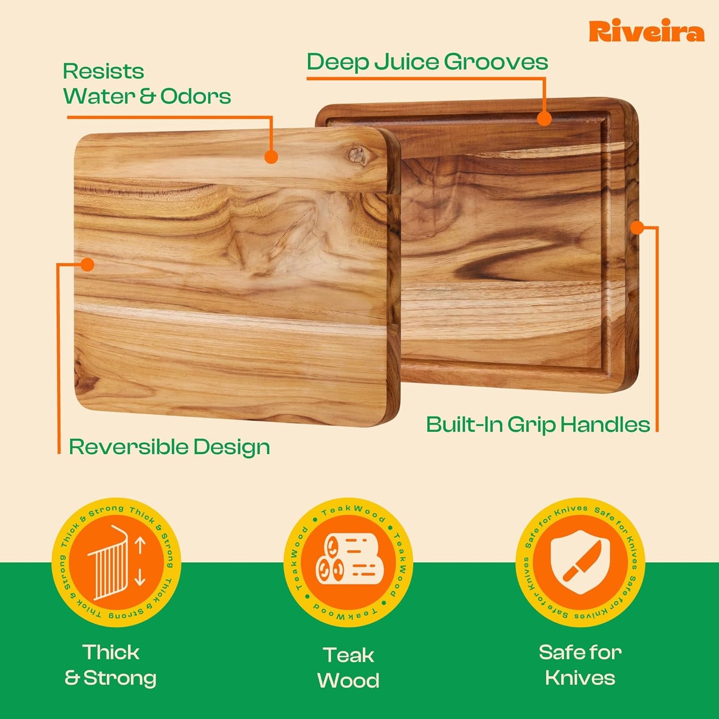 Riveira Teak Wood Cutting Board – Gourmet Teak Grandeur: 12 x 10 Wooden Cutting Board – Natural Wooden Cutting Boards For Kitchen Decorative – Innovative Juice Grooves Teak Wooden Chopping Board