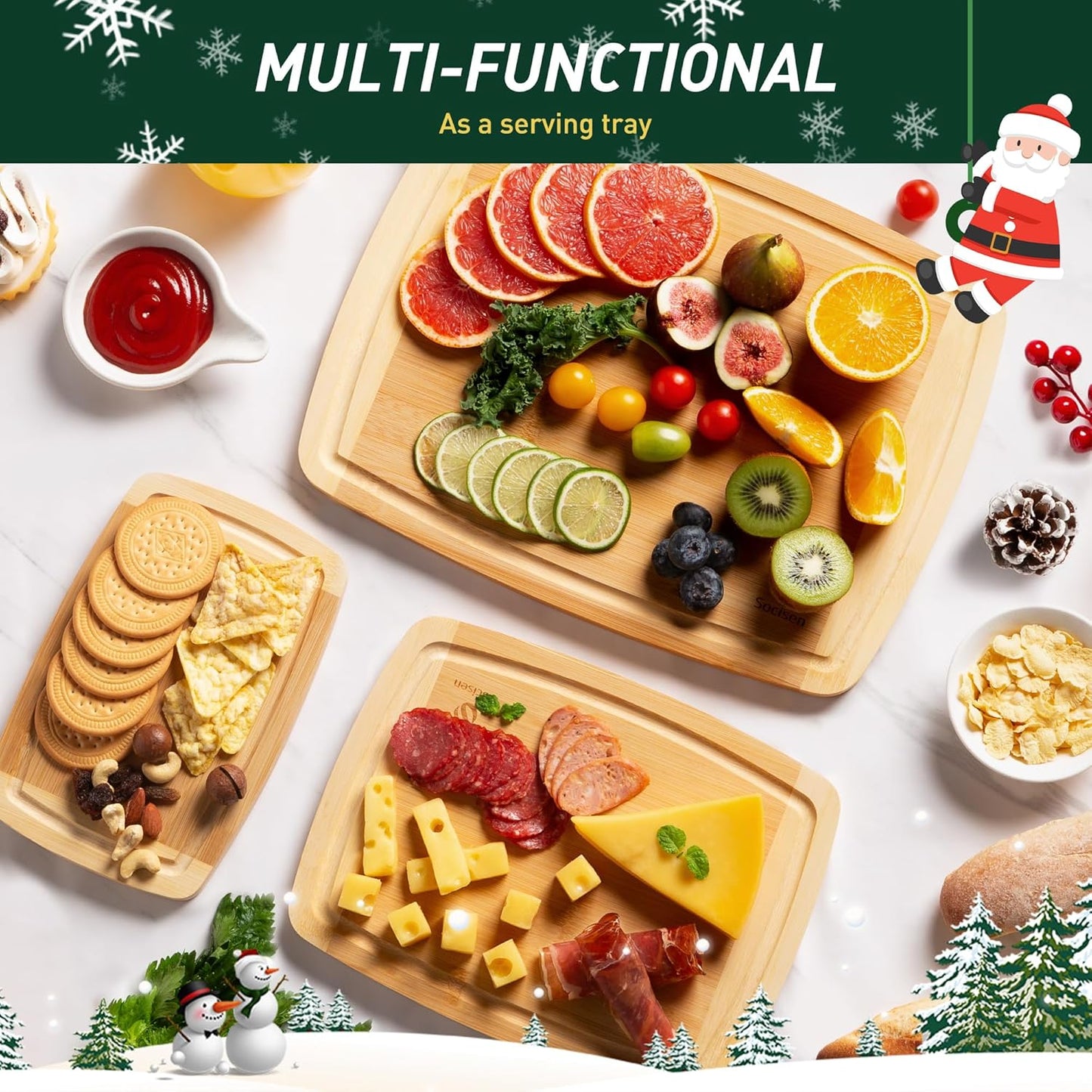 Bamboo Cutting Board Set Non Slip Feet Over Sink Tablas Para Picar Cocina Tabua Madeira Corte Carne Bambu Alimentos Cortar Madera Juego Regalos Cumpleaños Navidad Mujer Mama Abuela Hombre Papa