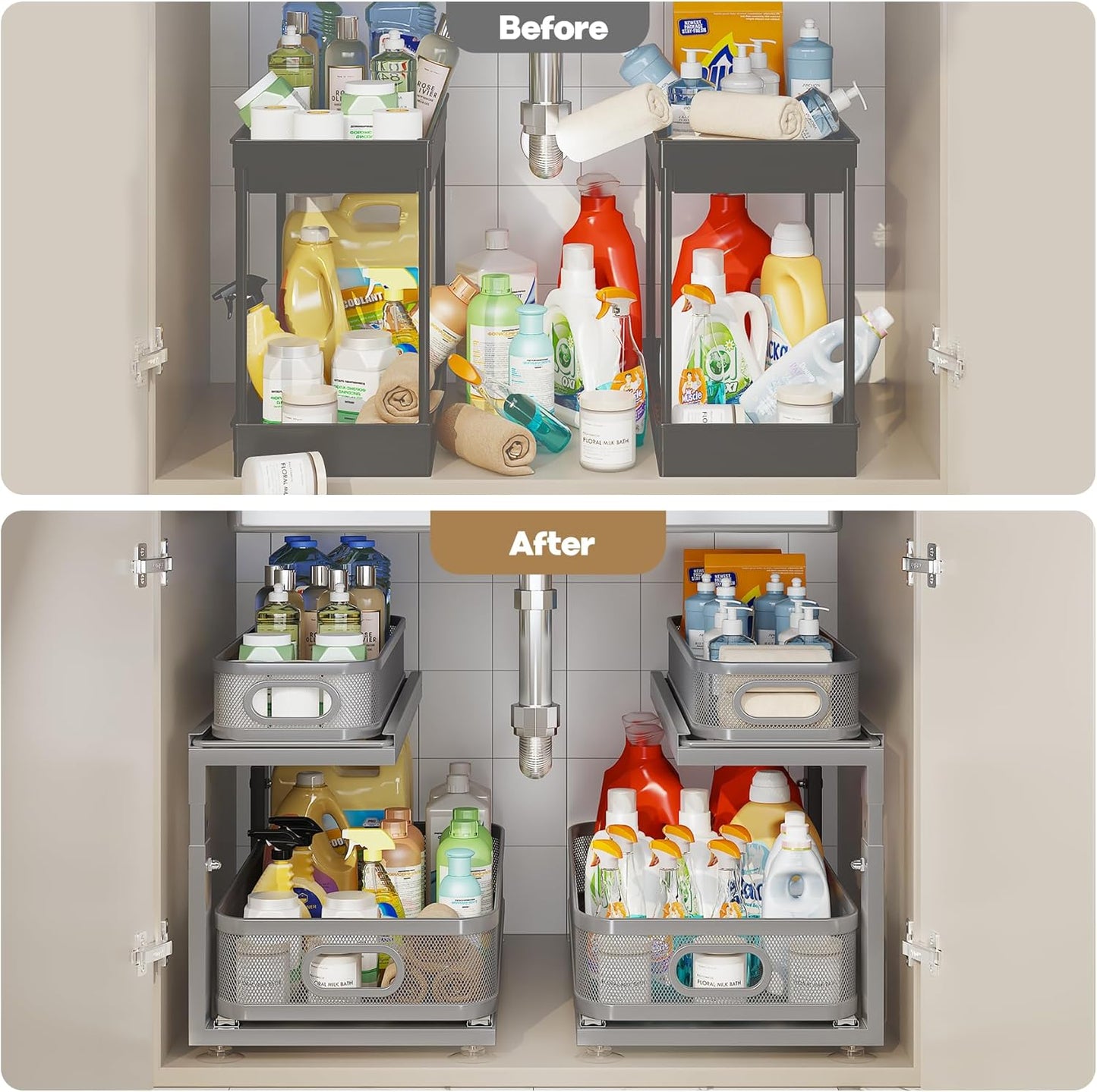 2 Pack 21IN-Depth Under Sink Organizer With Next-Gen Ball-Bearing Slides,2-Tier Precision Mesh Pull Out Cabinet Storage for Bathroom&Kitchen,Height Adjustable Drawers Shelf,Anti-rust-Grey