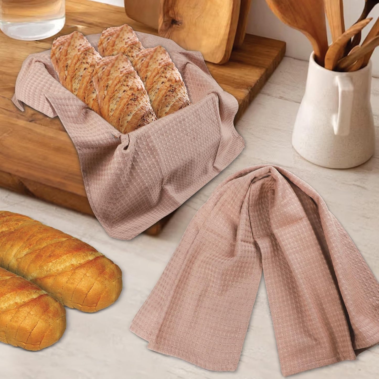 Urban Villa Waffle Dish Towels - Tan Color Set of 6 Highly Absorbent Cotton Towels - Oversized 18x28 with Mitered Corners