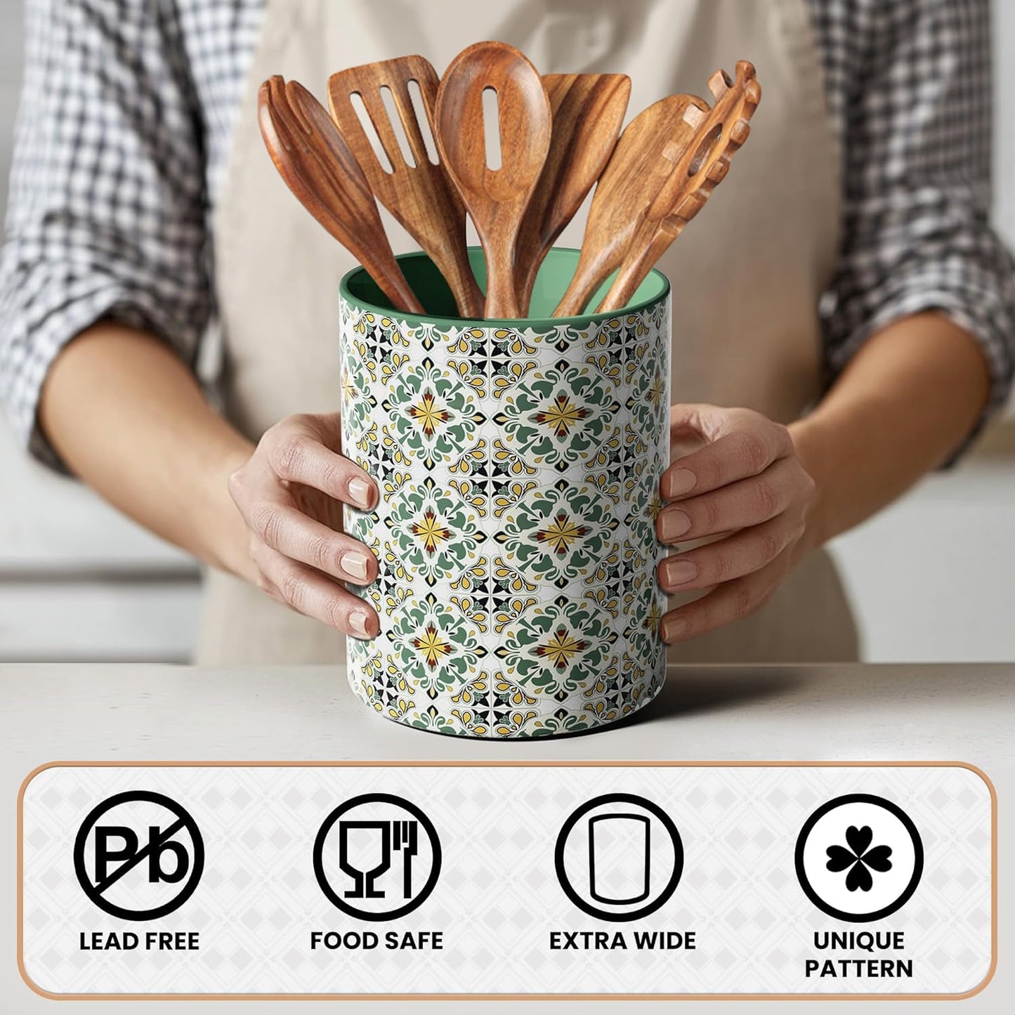 Ceramic Kitchen Utensil Holder for Countertop, Large Mediterranean Utensil Crock ,Green