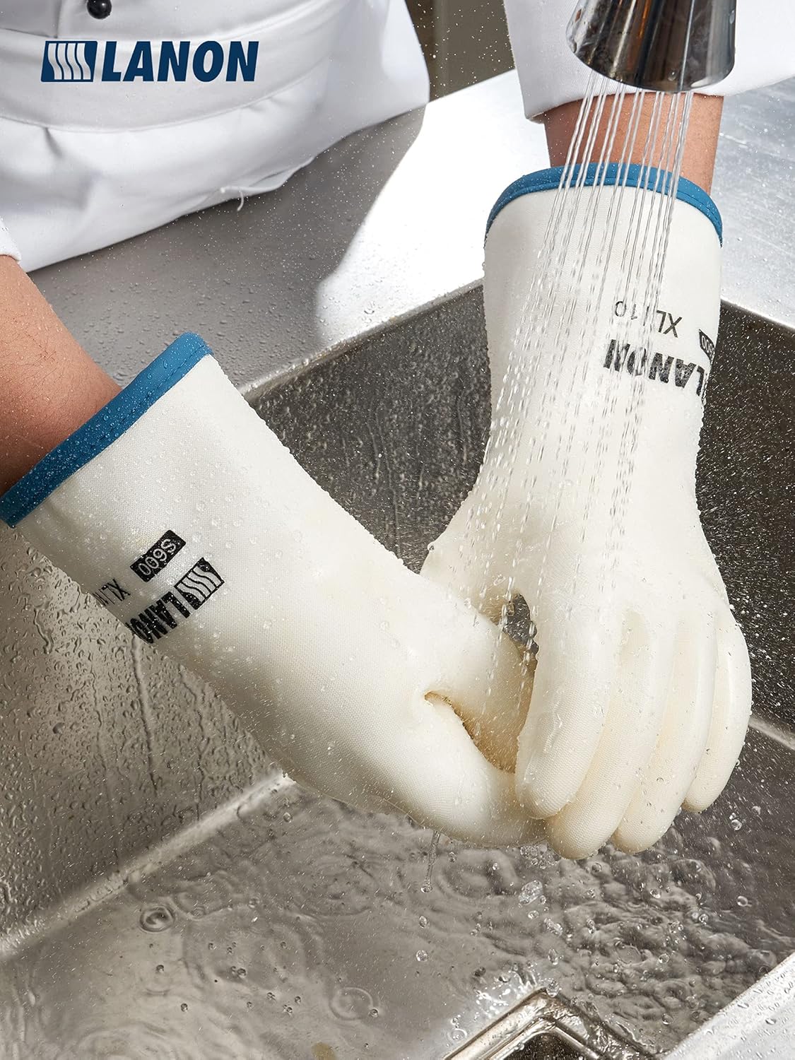 LANON Liquid Silicone Gloves, Heat Resistant Oven Gloves with Fingers, Food Grade, Waterproof, White, XL