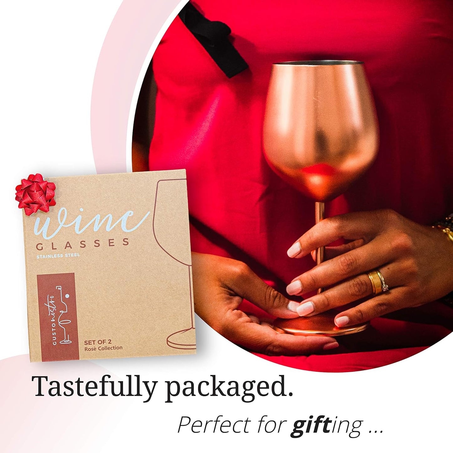 Gusto Nostro Stainless Steel Wine Glass - 18 oz - Unbreakable Rose Gold Wine Glasses for Travel, Camping and Pool - Fancy, Unique and Cool Portable Metal Wine Glass for Outdoor, Picnics (Set of 4)