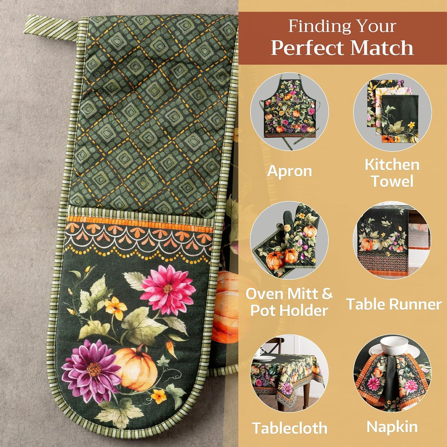 Maison d' Hermine Double Oven Mitts 100% Cotton 7"x35" Double Oven Mitt Heat Resistant BBQ Cooking Gloves with Loop, Baking, Grilling, Home, Kitchen, Handling Hot Pans (Pumpkin Garden - Dark Green)