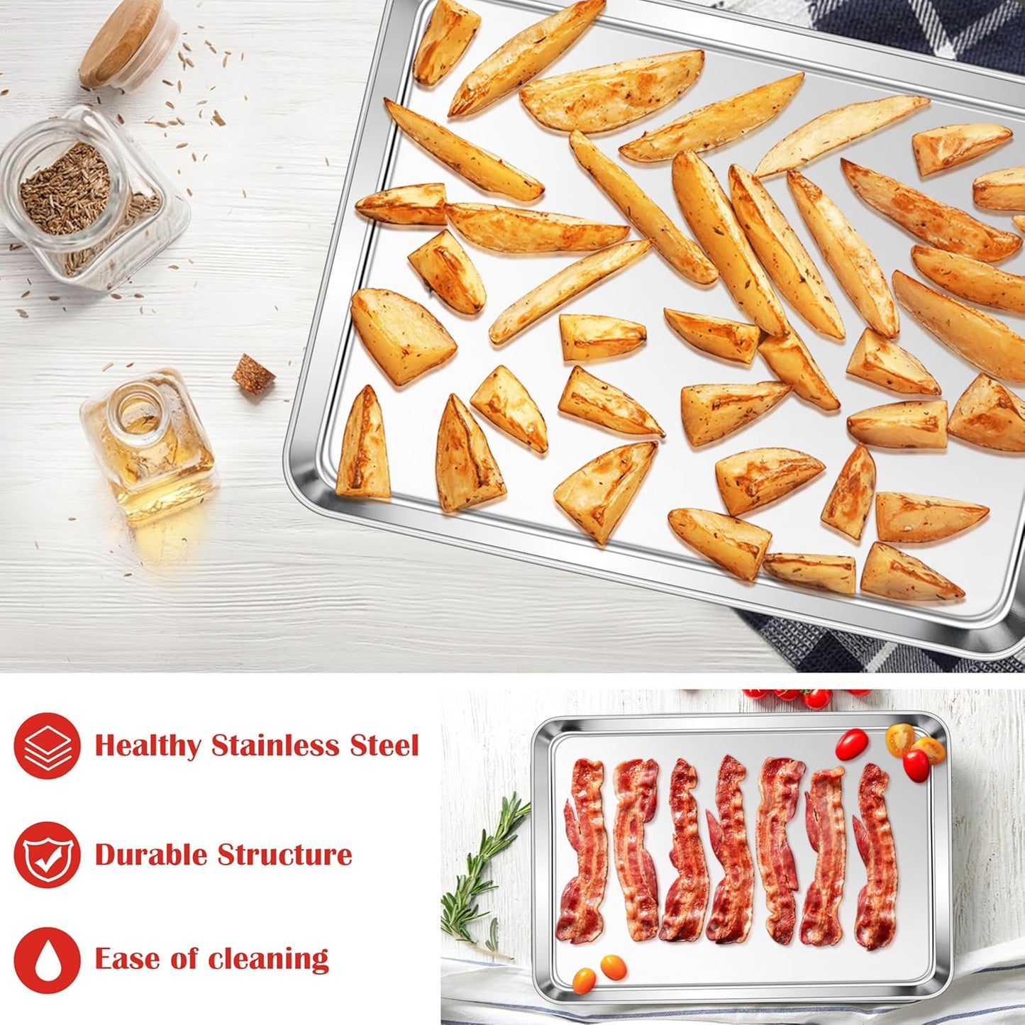 E-far Cookie Sheets Set of 4, 18”x13” Stainless Steel Baking Sheet Pans for Oven, Large Non Toxic Metal Baking Tray for Baking Roasting, Healthy & Rust Free, Mirror Finish & Dishwasher Safe