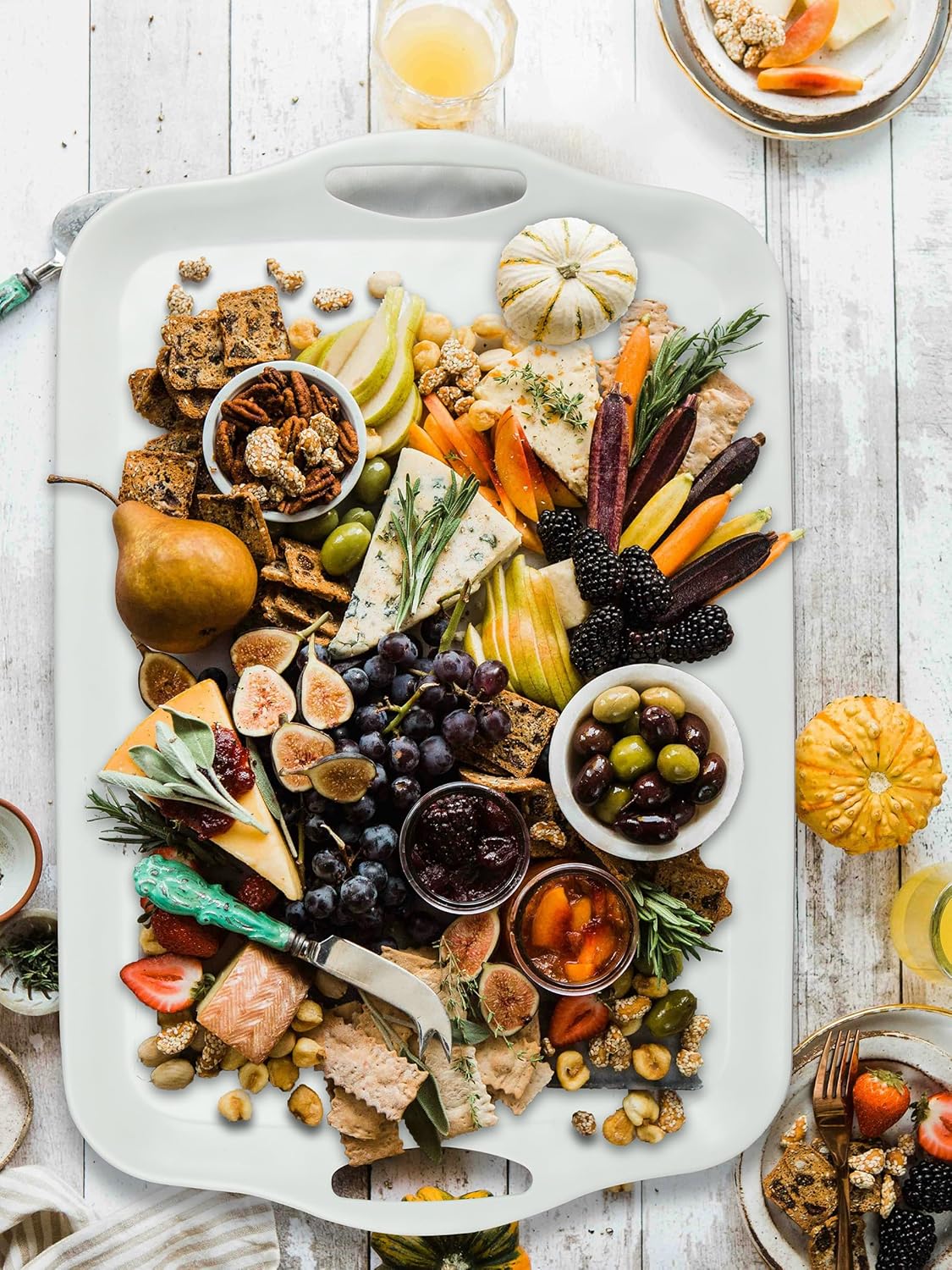 Extra Large Serving Tray with Handles, 20x13 inch, Set of 2 Melamine Platters for Serving Food, Turkey, Cookie, Rectangular Trays for Eating, Raised Dots Matt Finished, Dishwasher Safe, White