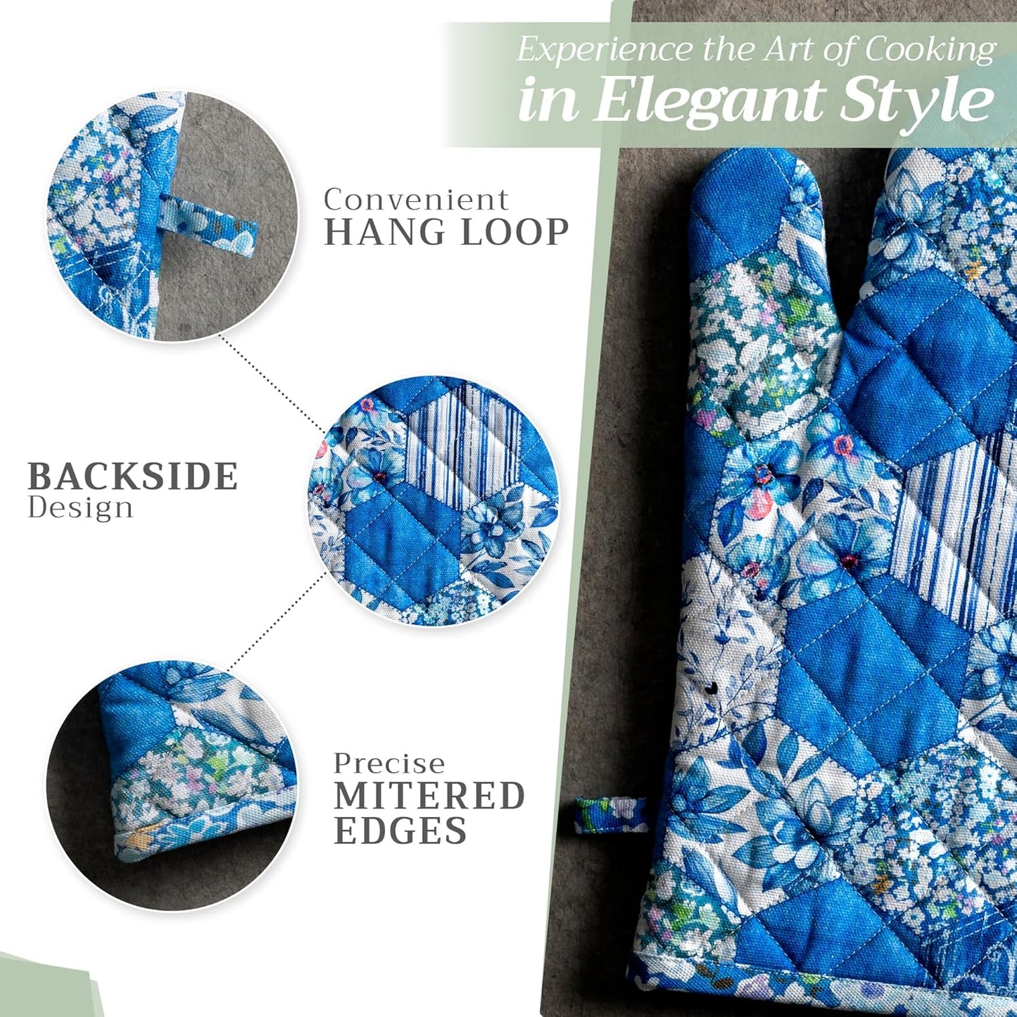 Maison d' Hermine 100% Cotton Oven Mitt & Pot Holder Set (7.5"x13" & 8"x8") Heat Resistant BBQ Cooking Gloves with Loop, Baking, Grilling, Kitchen, Handling Hot Pans Spring/Summer (Summer Blues)