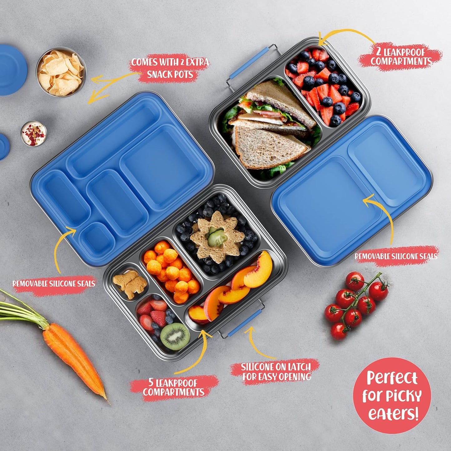 Stainless Steel Bento Box Kids, Kids Metal Bento Lunch Box BPA Free Lunch Box Containers 304 Stainless Steel Bento Box for School and Office(Bule)