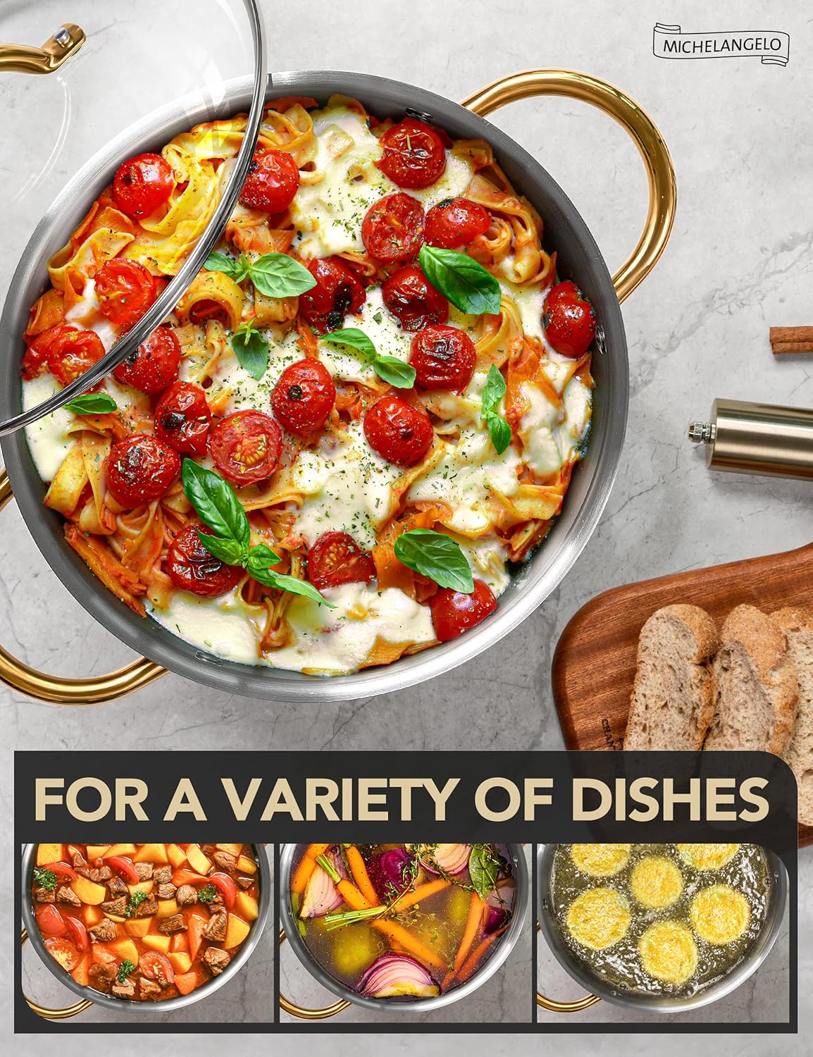 MICHELANGELO Stainless Steel Stock Pot - 8 Quart With Lid, Induction Compatible, Riveted Handle, Oven & Dishwasher Safe